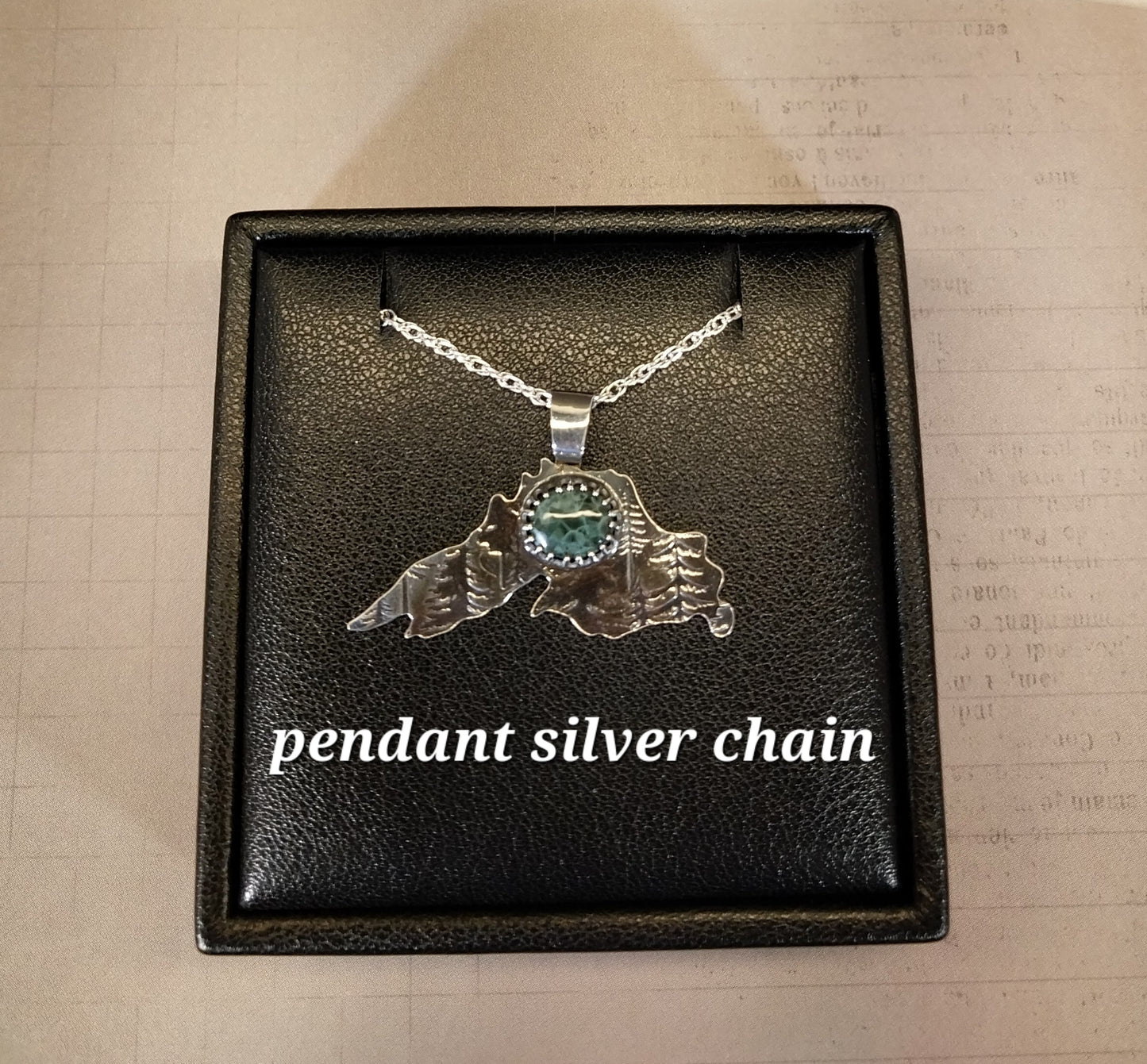 Greenstone Necklace In The Shape of Lake Superior Silver