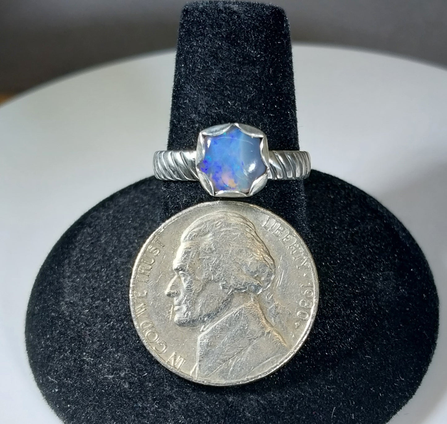 Opal Ring, Small Australian Opal, Size 7, Sterling Silver, Blue Flash