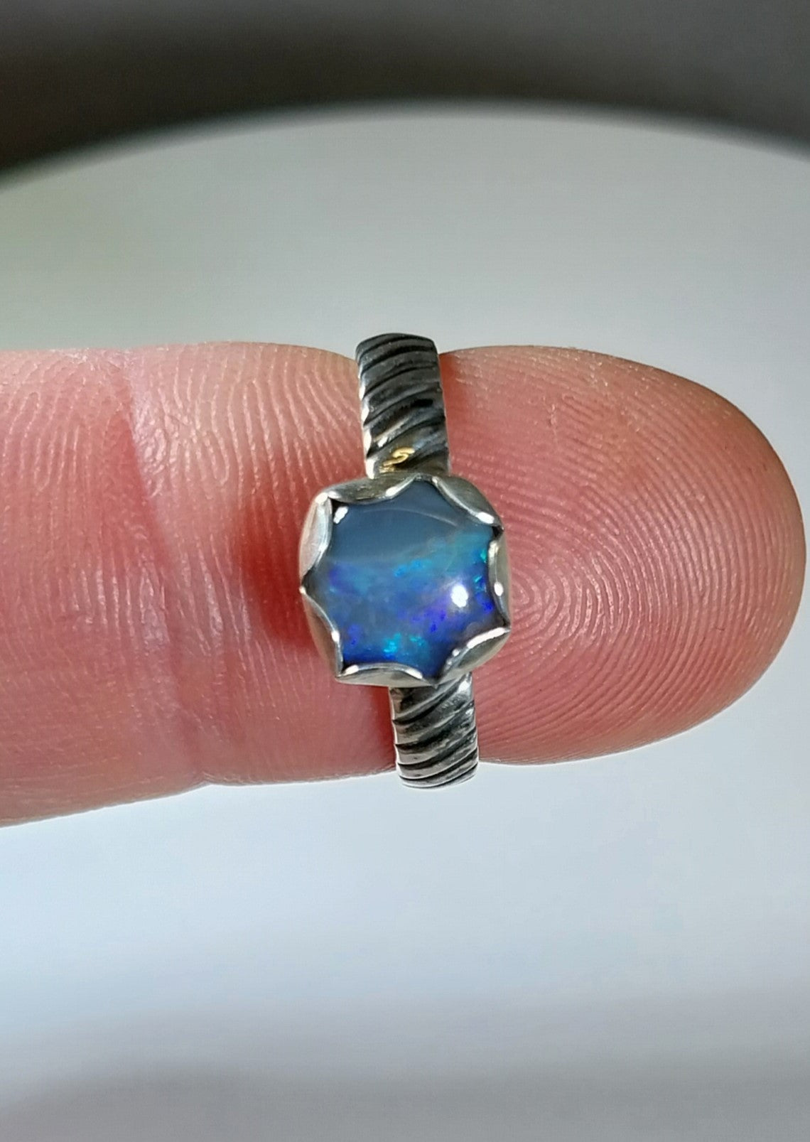 Opal Ring, Small Australian Opal, Size 7, Sterling Silver, Blue Flash