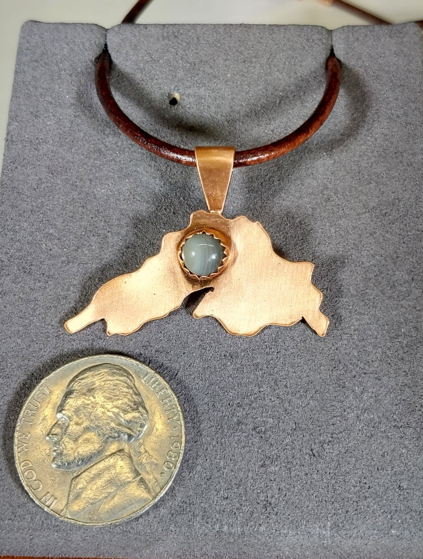 Lake Superior Necklace, Copper With Lake Superior Agate, Leather Cord, W/O