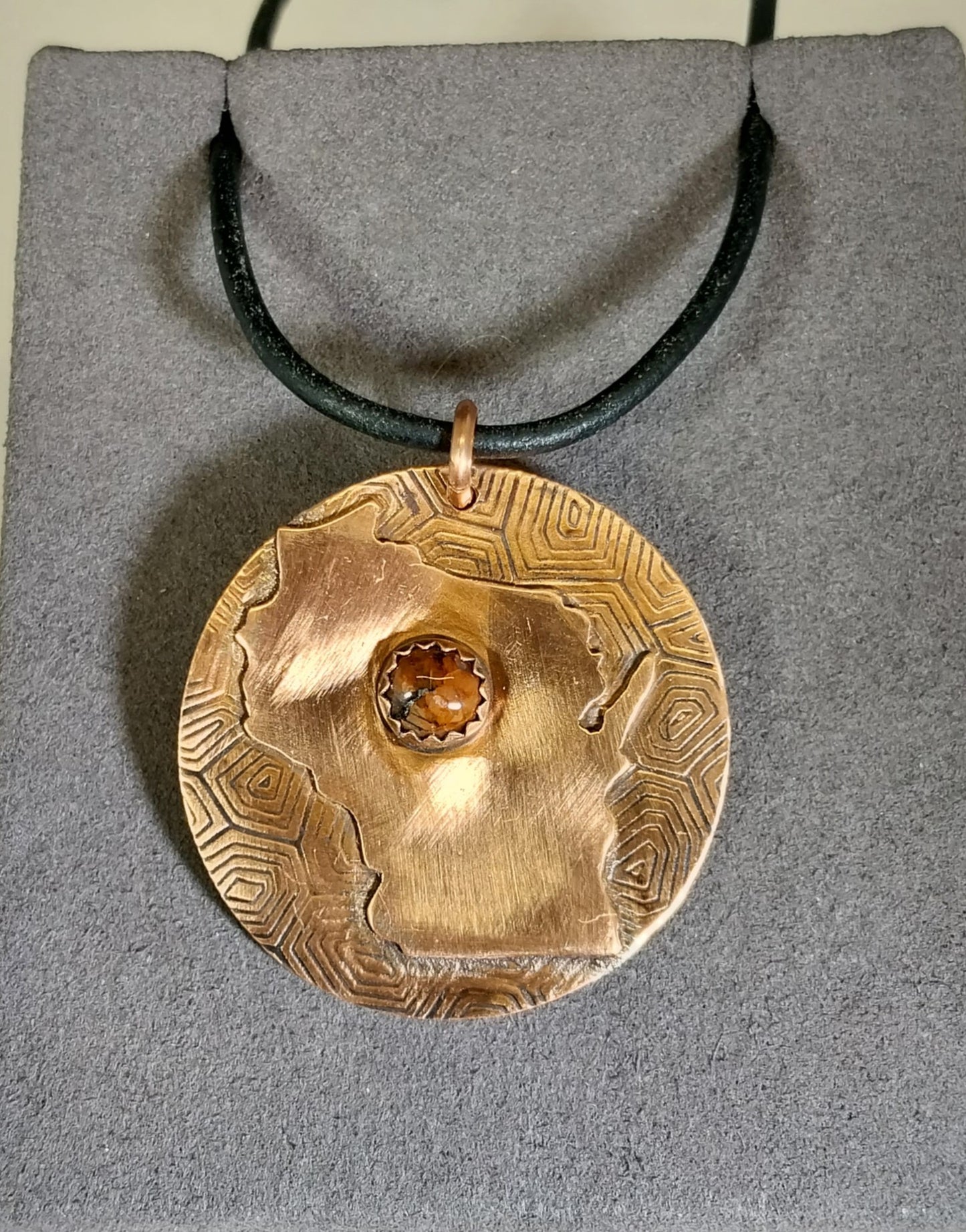 Wisconsin Necklace, Wisconsin State Stone Red Granite, Copper With Leather Cord W/O