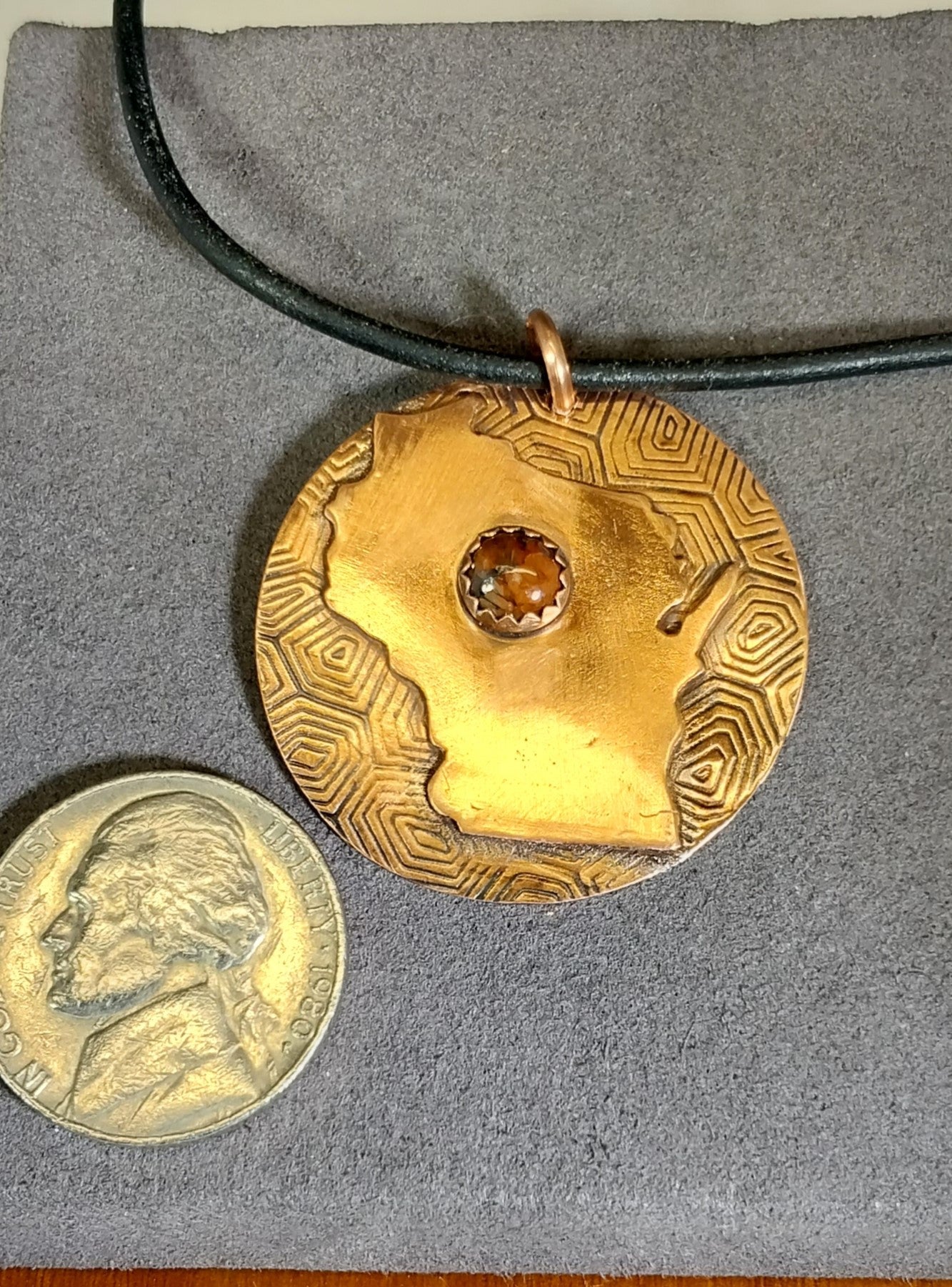 Wisconsin Necklace, Wisconsin State Stone Red Granite, Copper With Leather Cord W/O