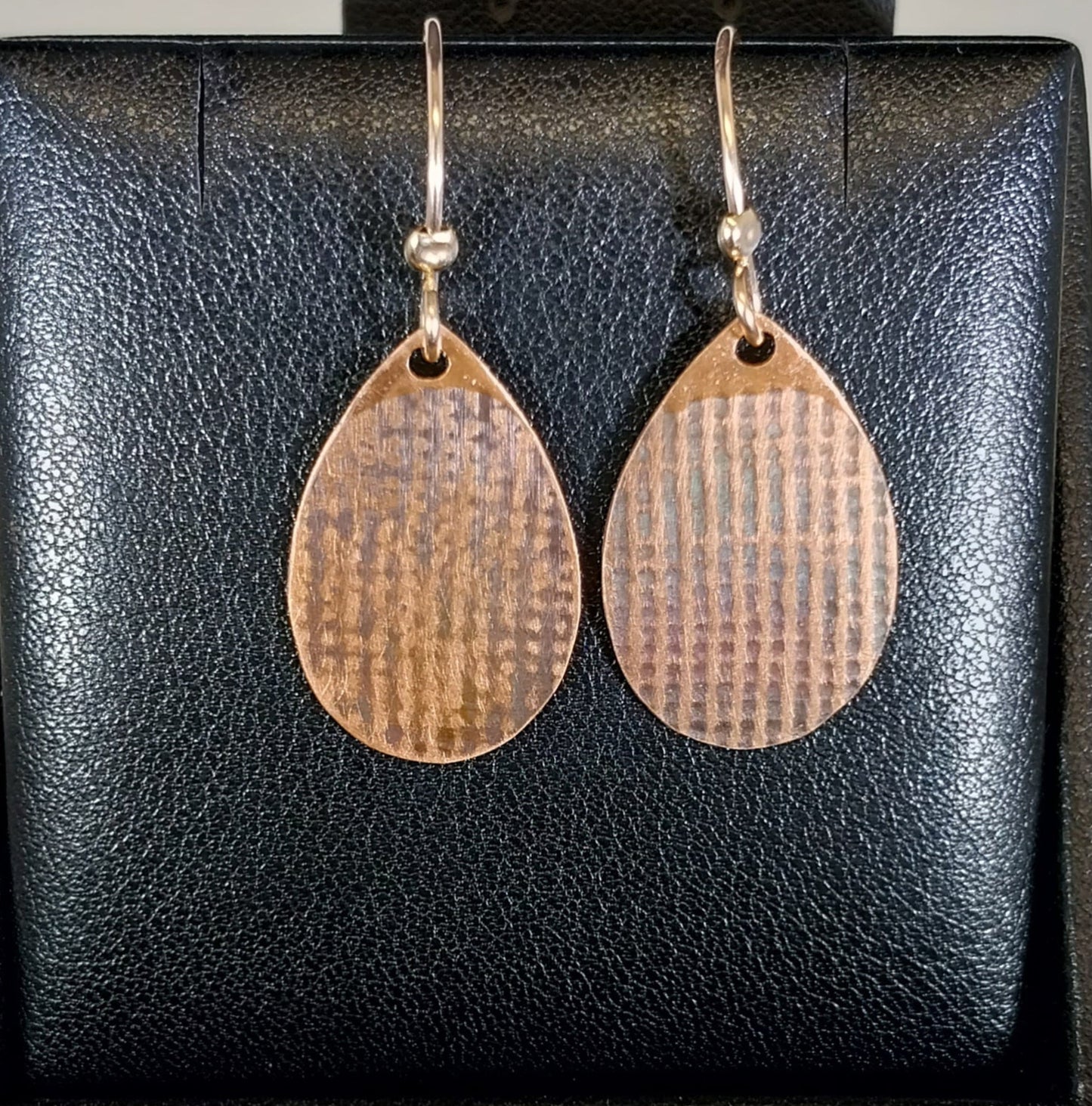 Copper Earrings, Teardrop Shaped, Textured & Antiqued, Rose Gold Filled Ear Wires, W/O
