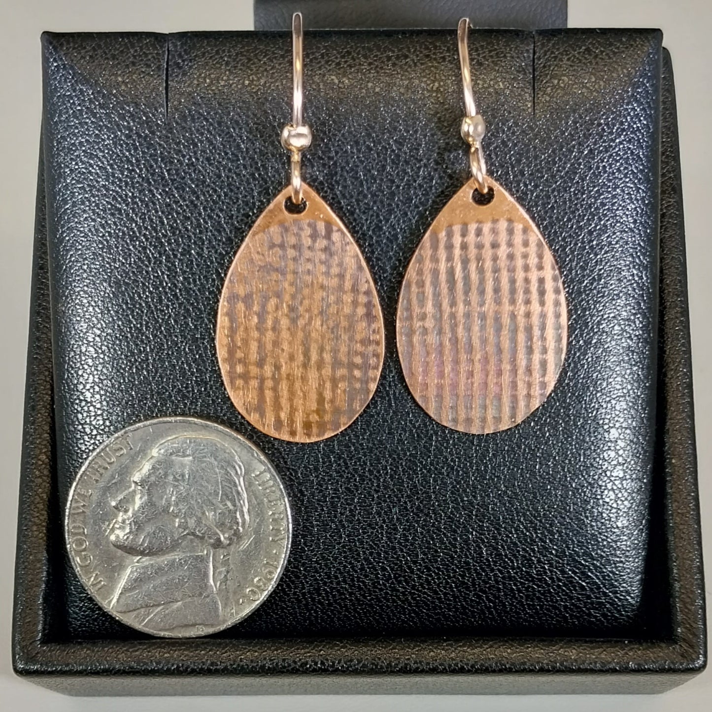 Copper Earrings, Teardrop Shaped, Textured & Antiqued, Rose Gold Filled Ear Wires, W/O
