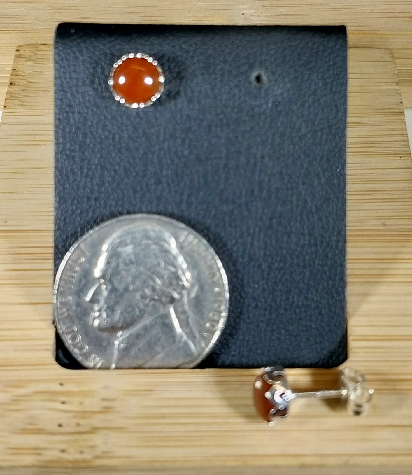 Deep Orange Lake Superior Agate Stud Earrings With Flower Bezel