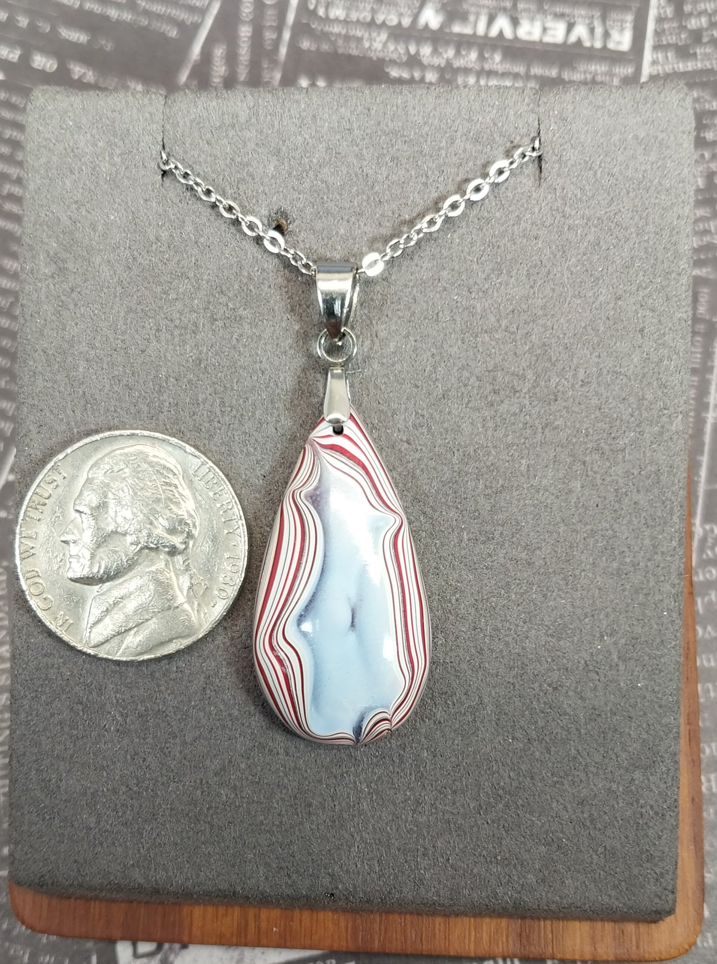 Fordite Necklace, Patriotic Colors, Veteran Handmade, Pendant, Ohio Motor Agate, Fordite Jewelry, Fordite Teardrop, Reused