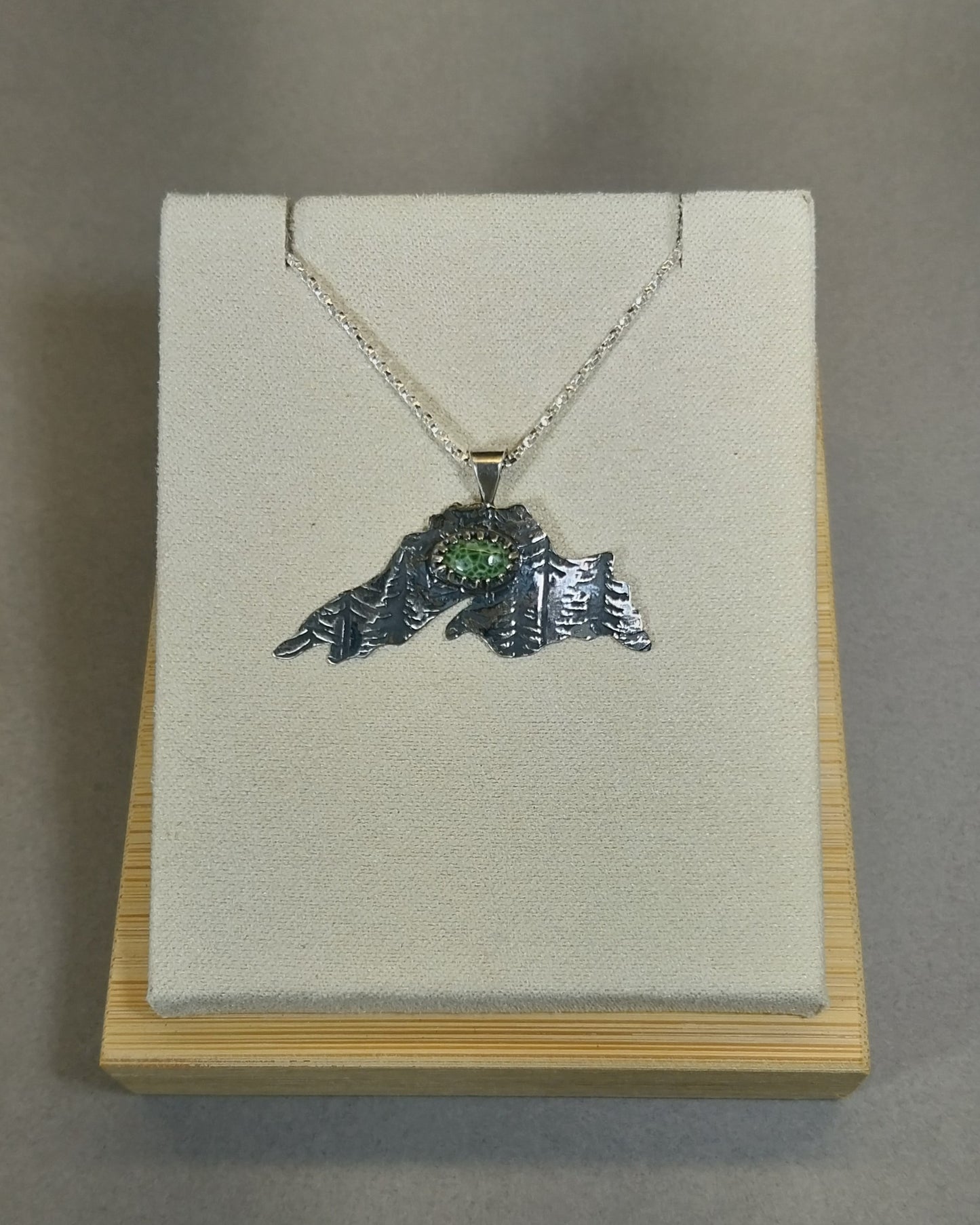 Greenstone Necklace In The Shape of Lake Superior Silver