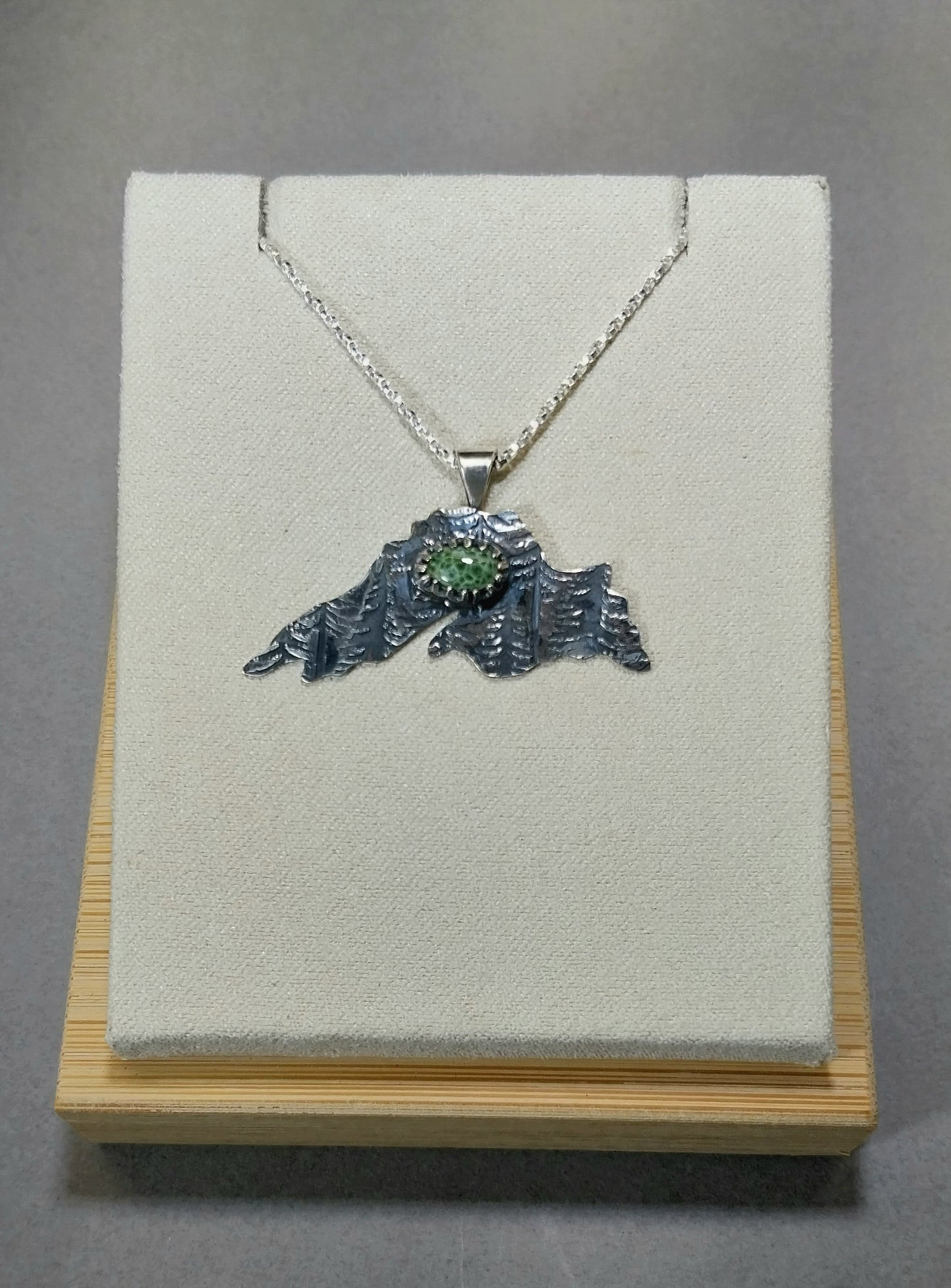 Greenstone Necklace In The Shape of Lake Superior Silver