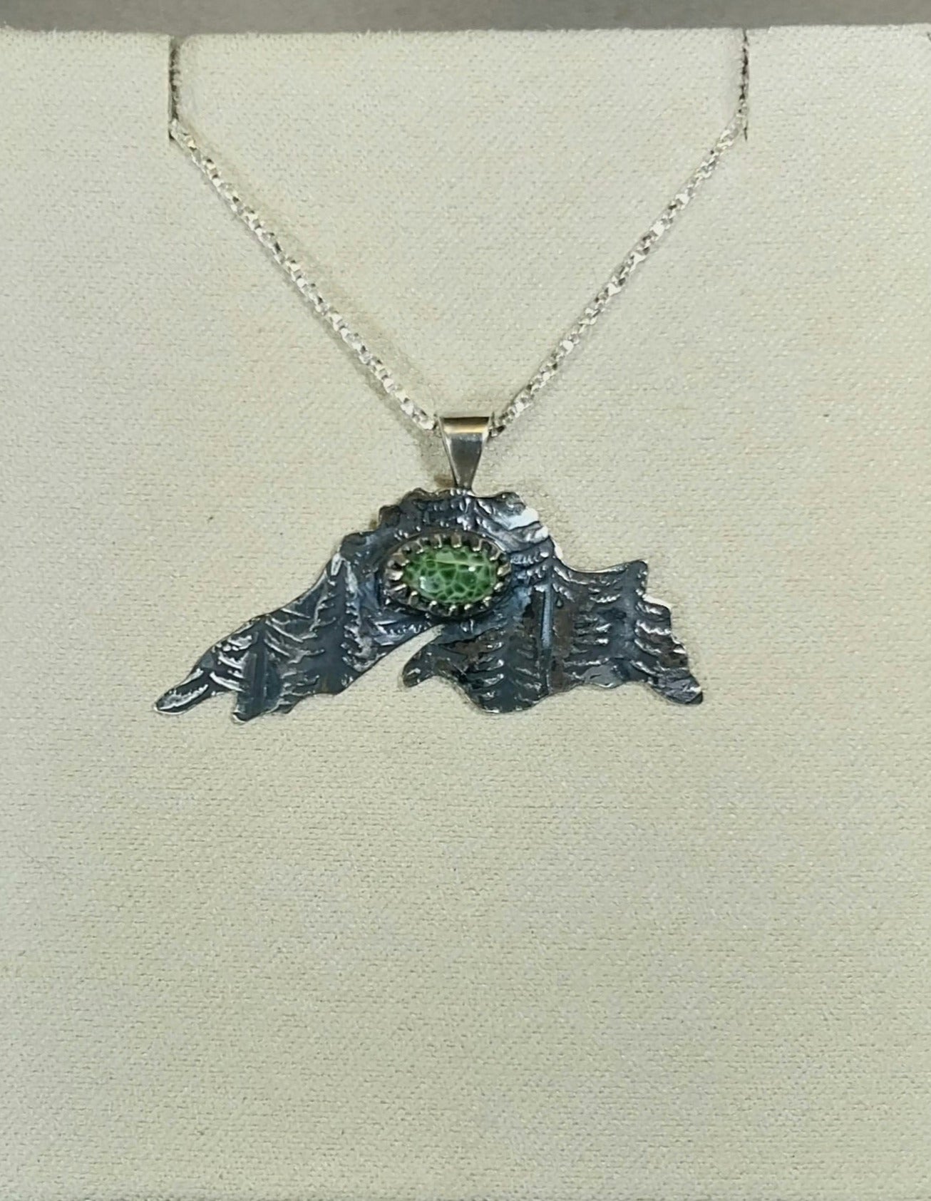 Greenstone Necklace In The Shape of Lake Superior Silver