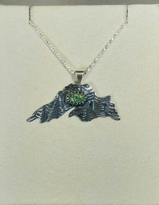 Greenstone Necklace In The Shape of Lake Superior Silver