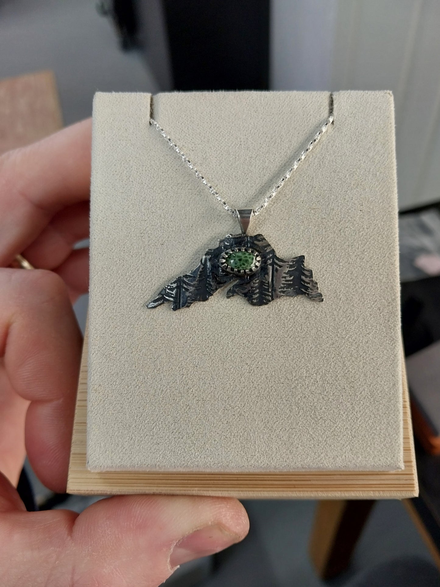 Greenstone Necklace In The Shape of Lake Superior Silver