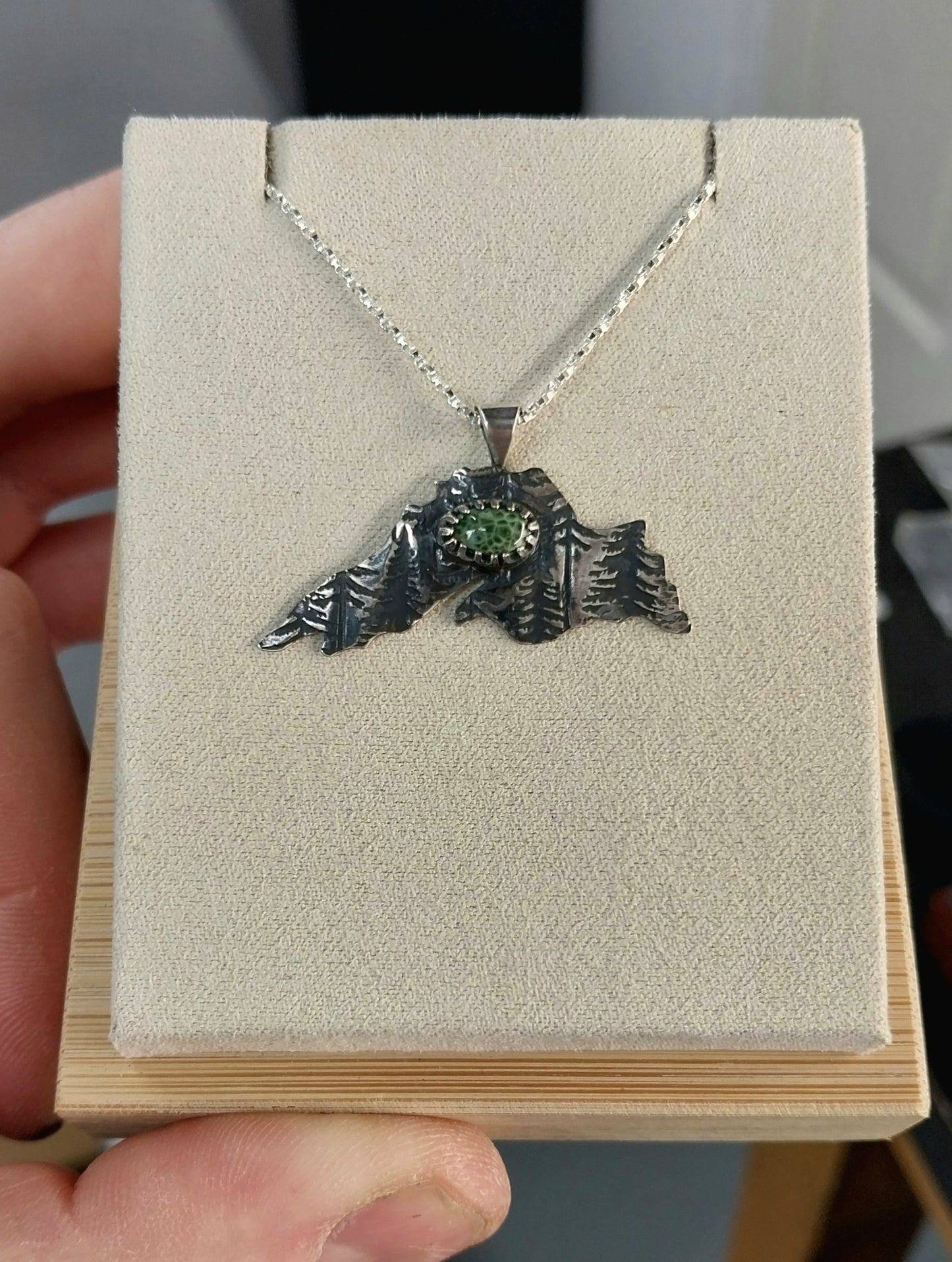 Greenstone Necklace In The Shape of Lake Superior Silver