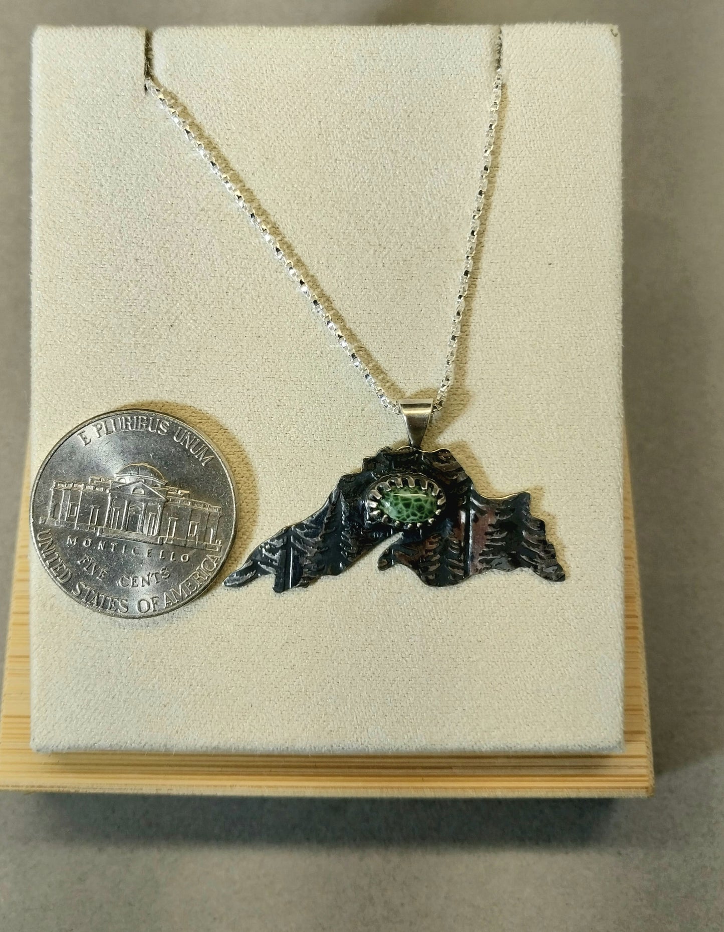 Greenstone Necklace In The Shape of Lake Superior Silver