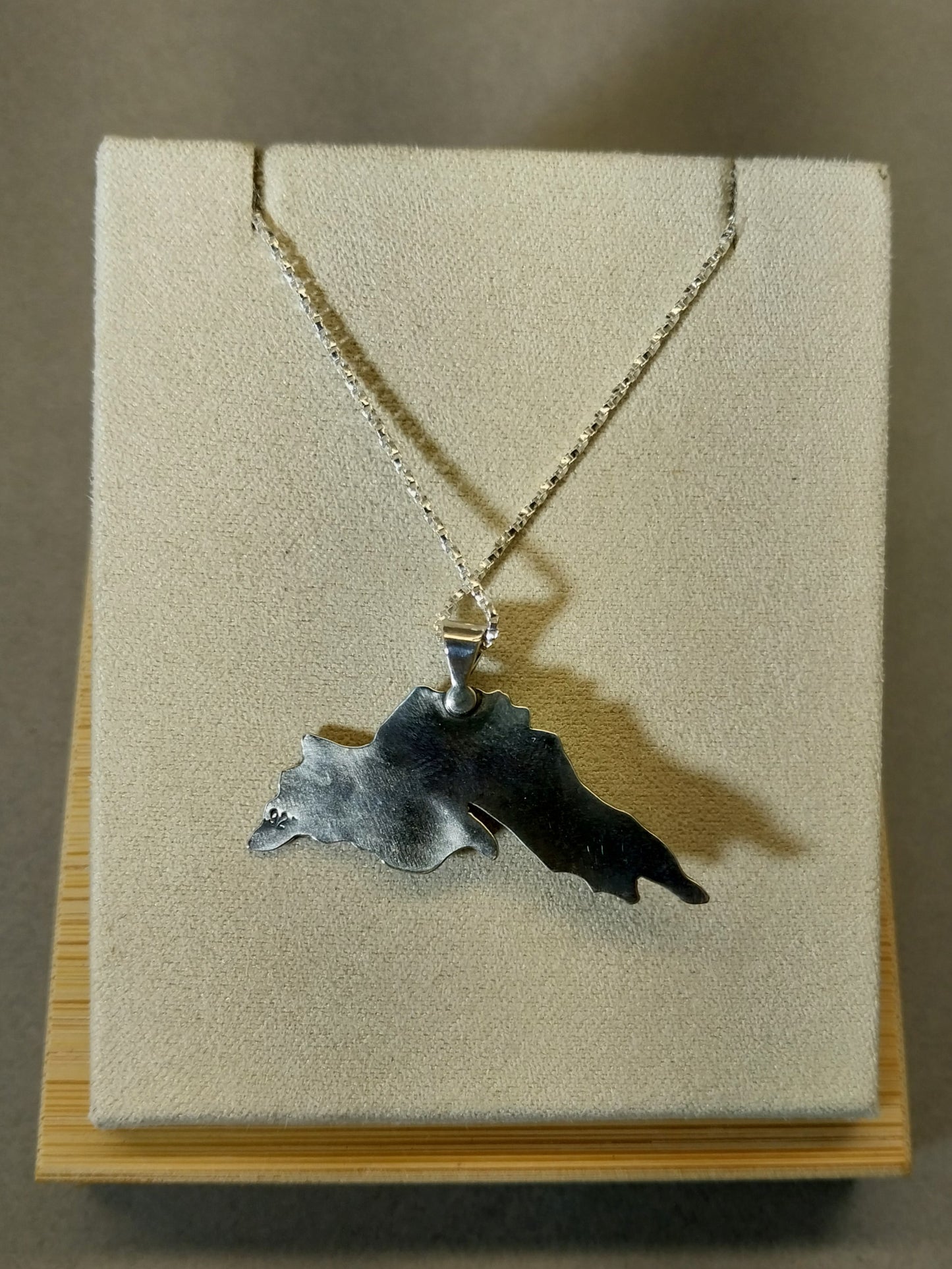 Greenstone Necklace In The Shape of Lake Superior Silver