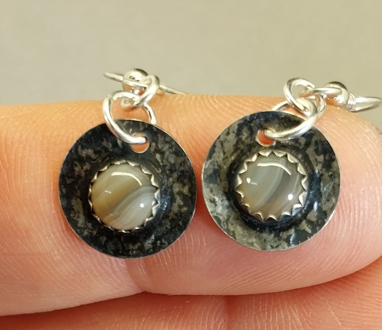 Lake Superior Agate Silver Dangle Earrings Artisan Handmade