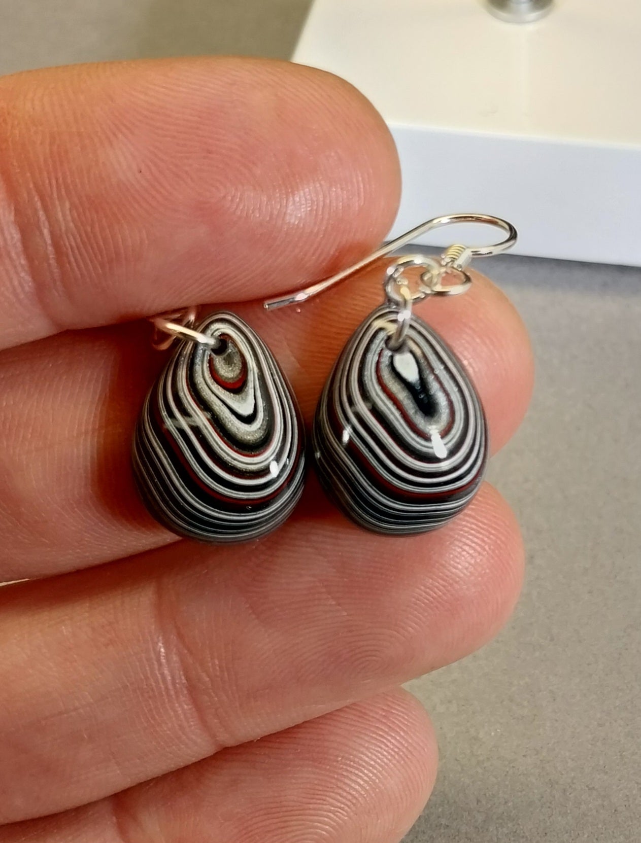 Fordite Earrings Good sized Domed Teardrops Showing the Layers