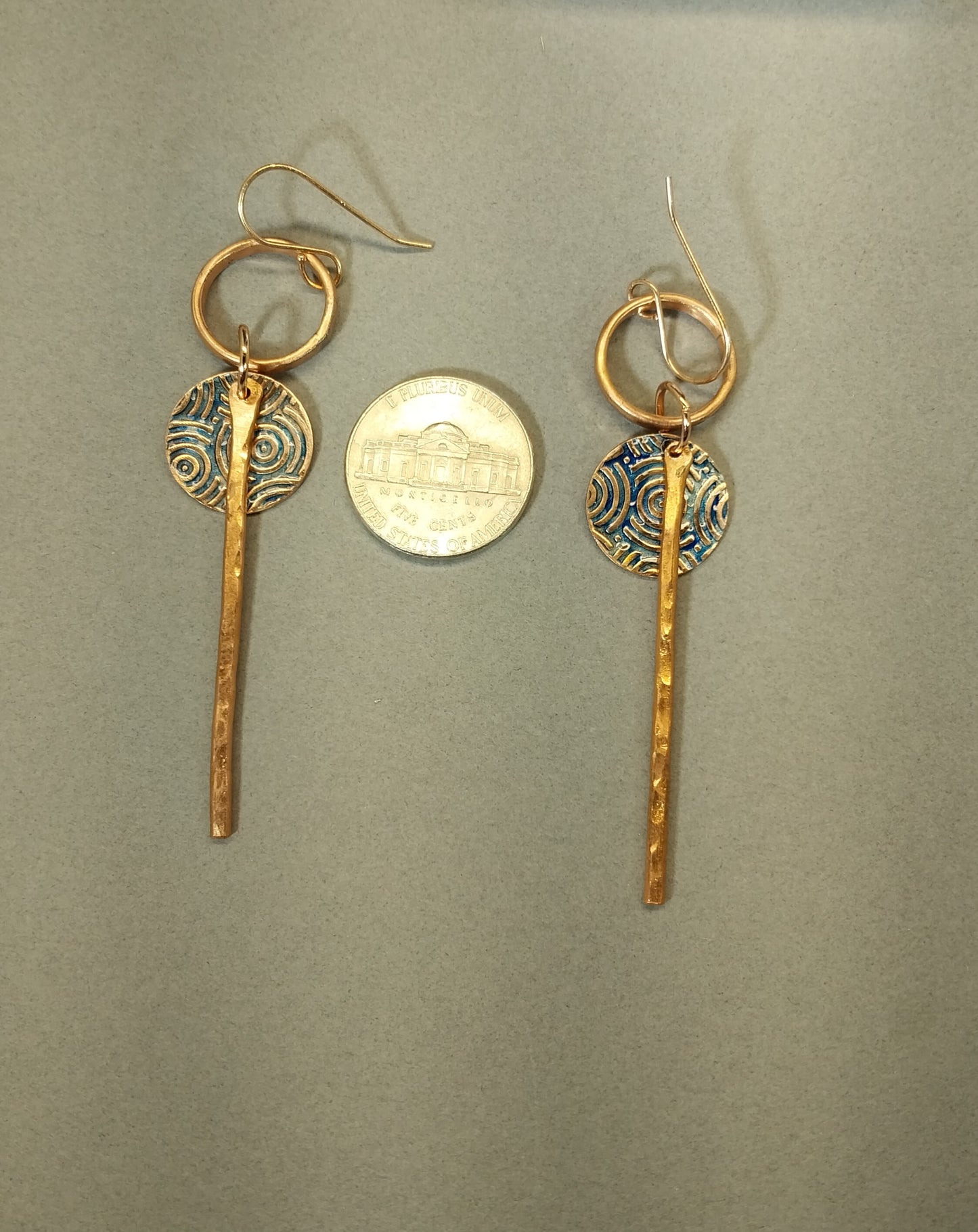 Copper Bar and Disc Dangle Earrings, W/O W221
