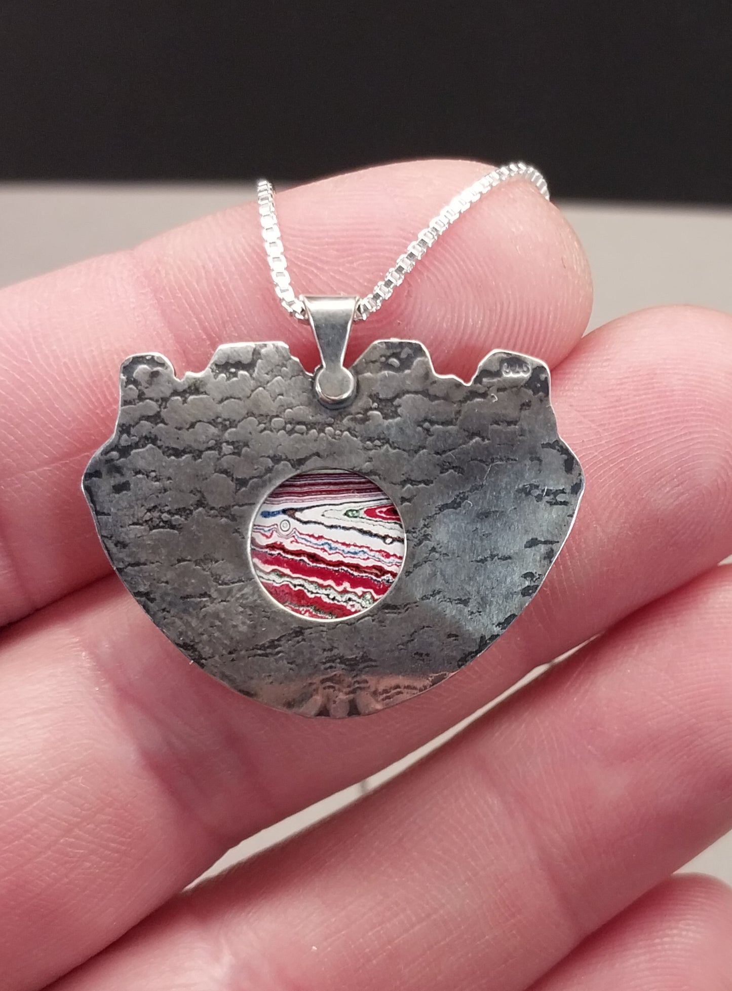 Fordite Necklace Unique Crown Like Piece in Solid Silver