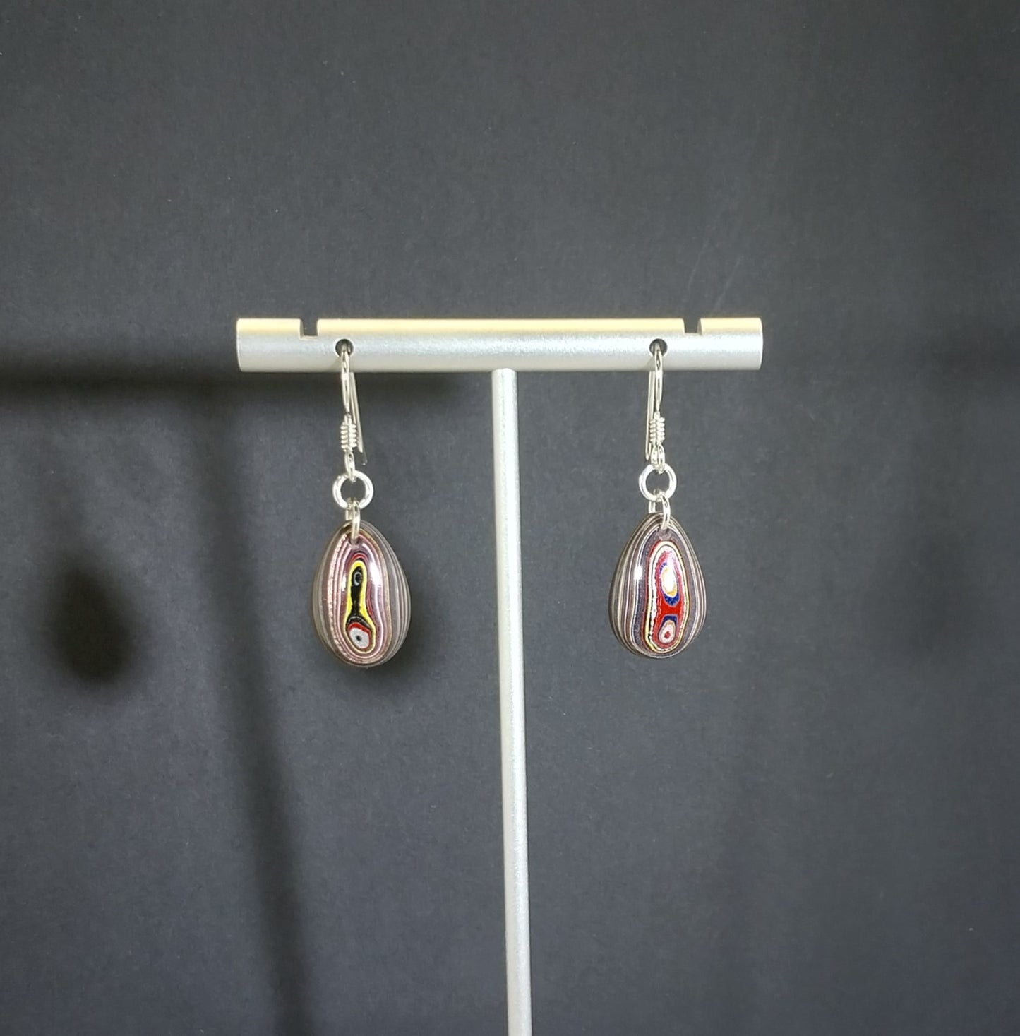 Fordite Earrings, Domed Teardrops, Sterling Silver