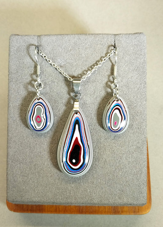 Fordite Set, Stainless Steel, Fordite Necklace and Earrings
