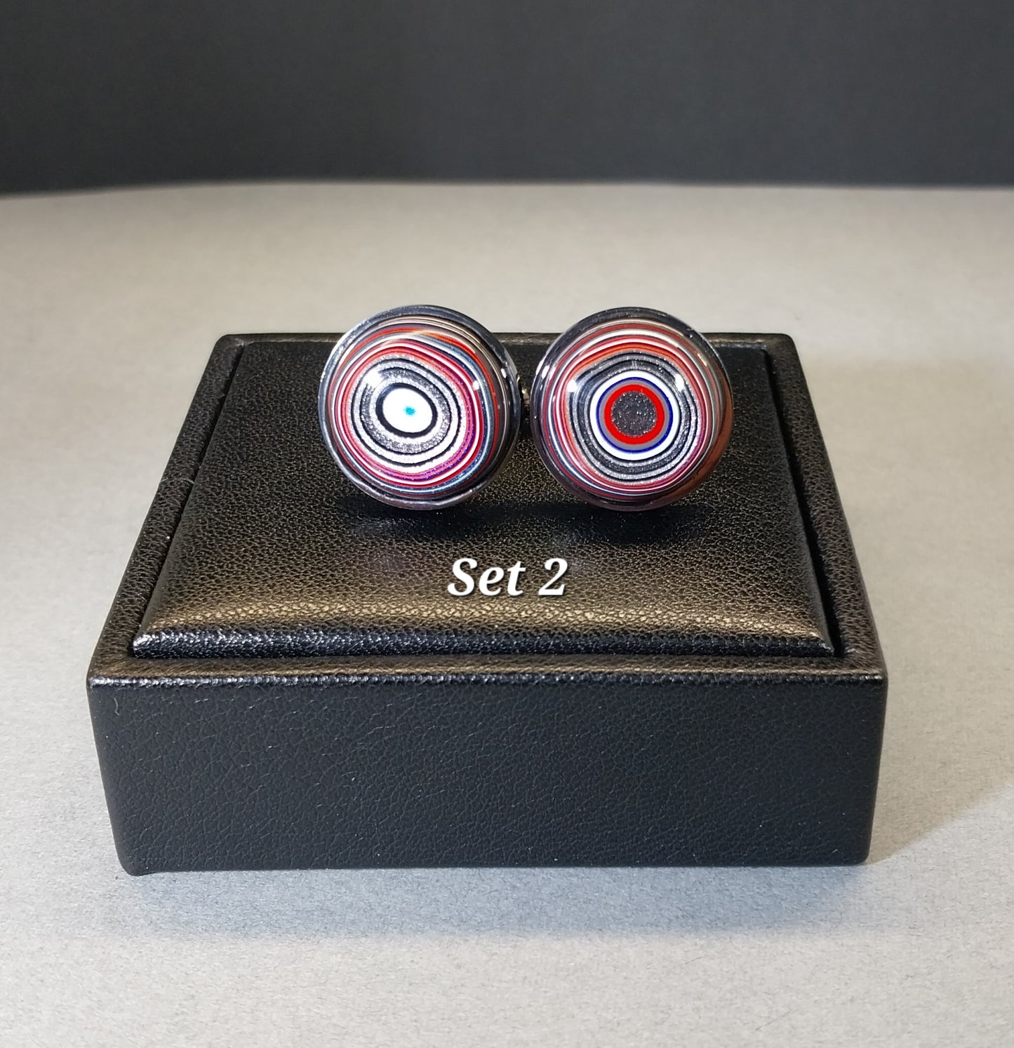 Fordite Cuff Links, Gunmetal Mirrored Stainless Steel, Colorful Cuff Links, Recycled Material, Wisconsin Artist