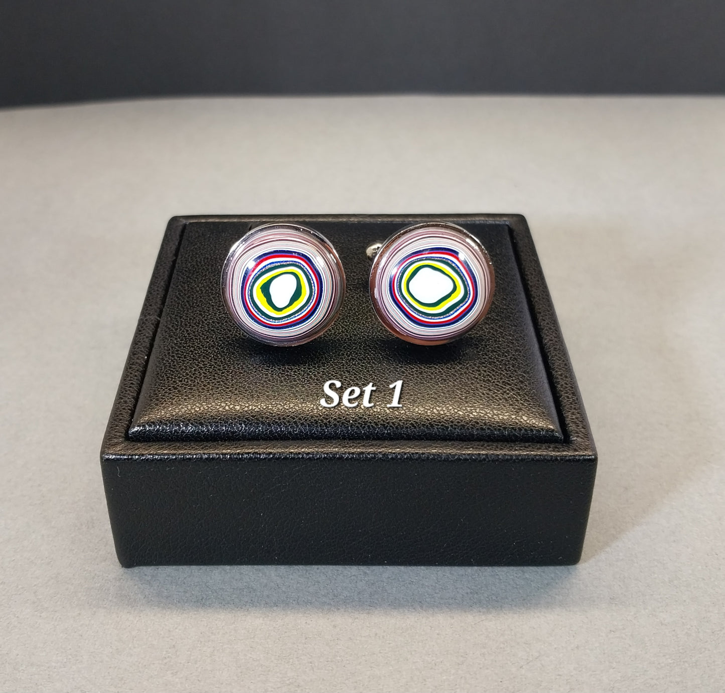 Fordite Cuff Links, Gunmetal Mirrored Stainless Steel, Colorful Cuff Links, Recycled Material, Wisconsin Artist