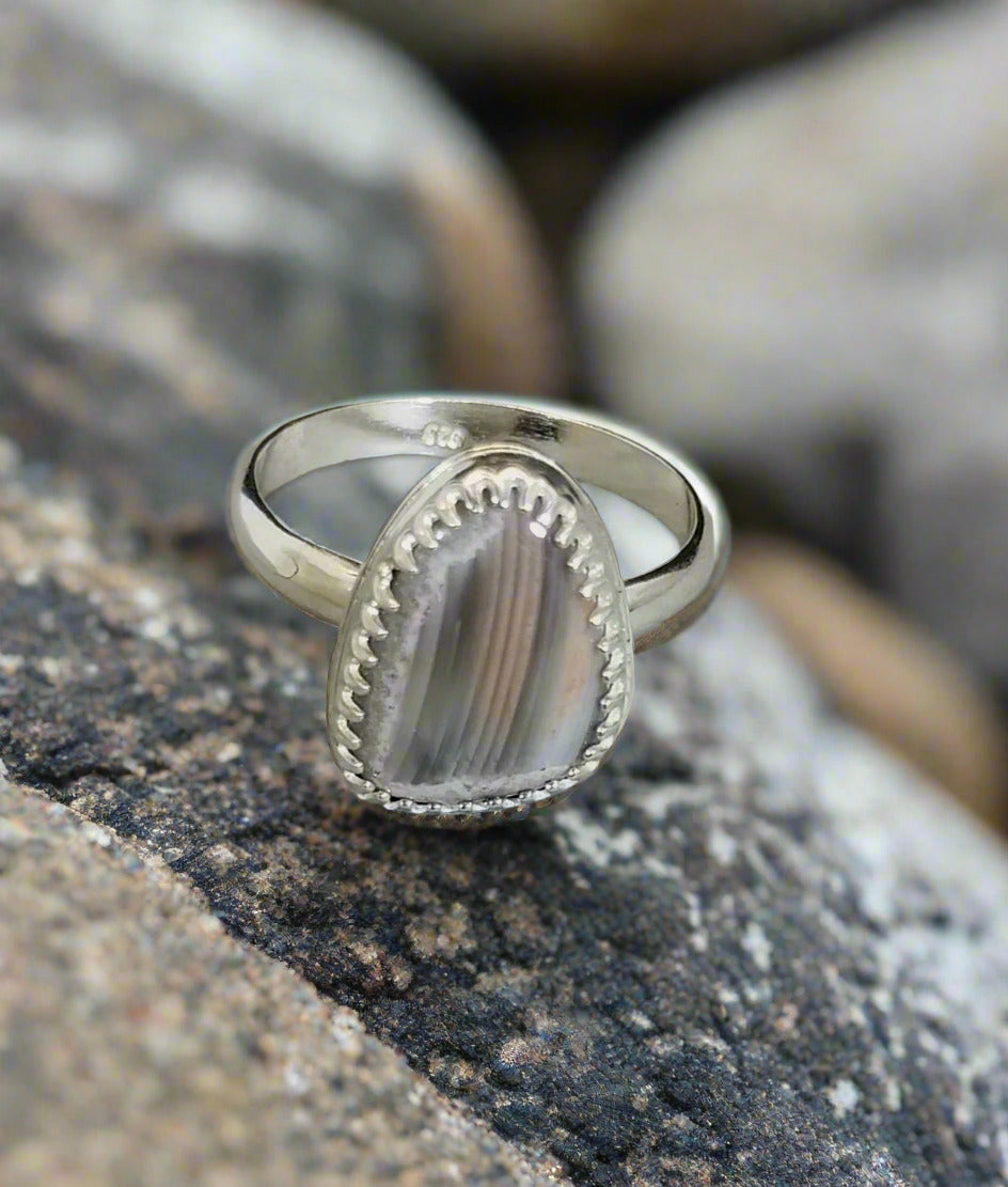 Lake Superior Agate Ring, Size 8, Gray White and Orange UP of Michigan Agate