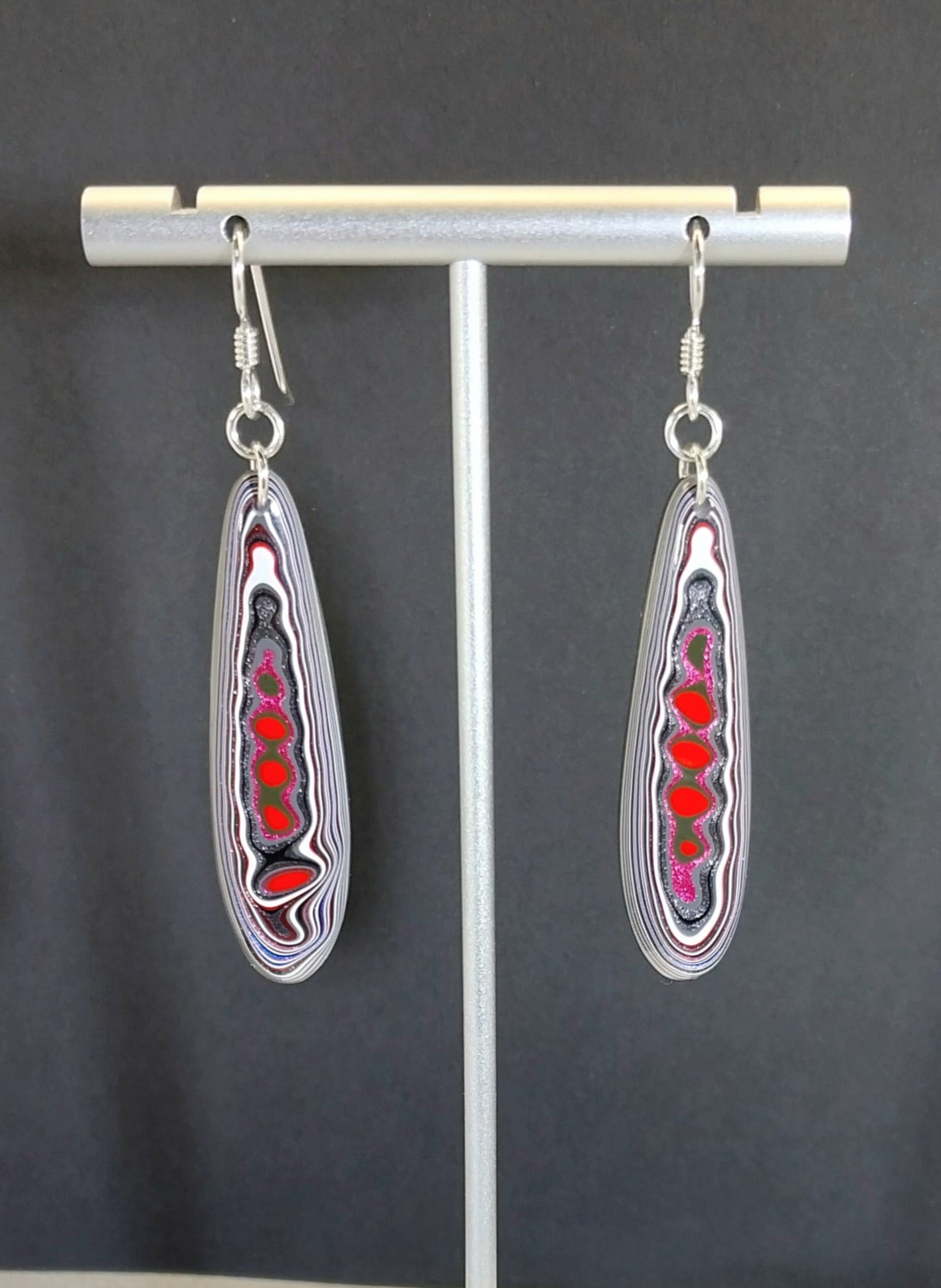Long Fordite Teardrop Earrings Bright Multicolored Layers