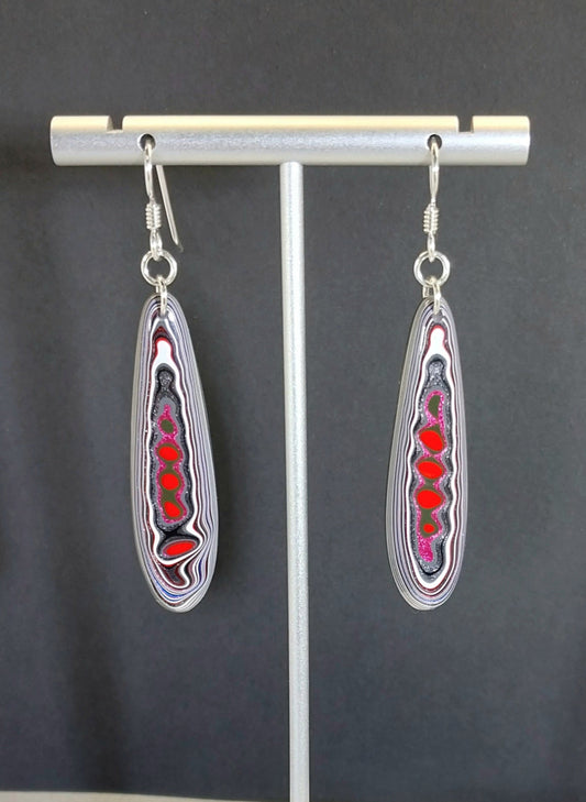 Long Fordite Teardrop Earrings Bright Multicolored Layers
