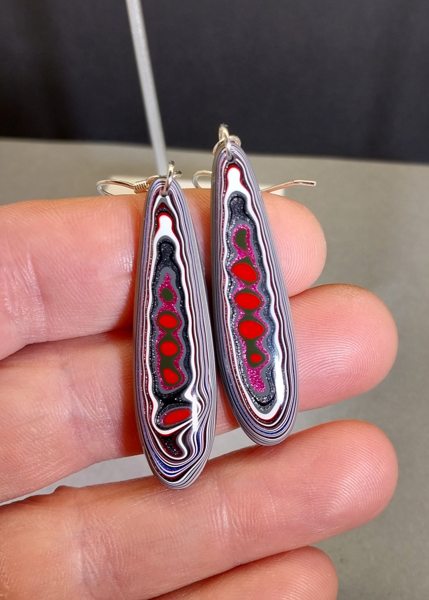Long Fordite Teardrop Earrings Bright Multicolored Layers