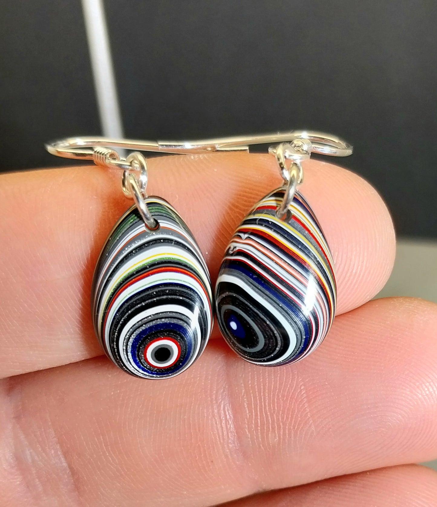 Fordite Earrings, Domed Teardrops with Sterling Silver Ear Wires ET300