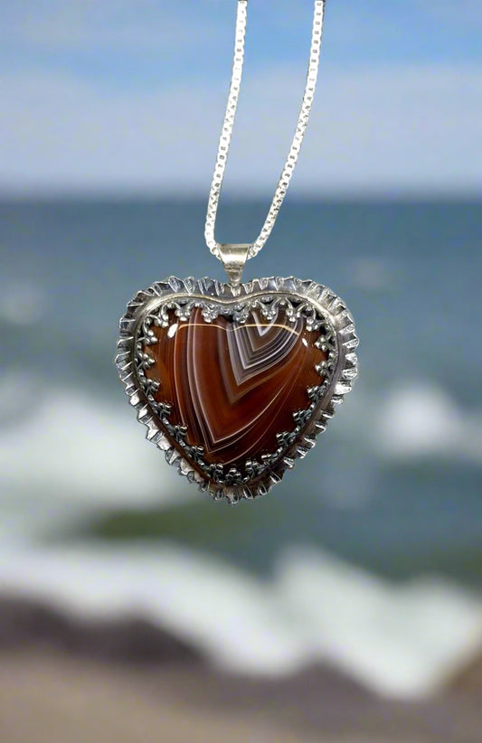 Lake Superior Agate Necklace, Heart of Superior, Fantastic Banding, Brown and White, Lake Superior Gift, Agate Heart Necklace USA Handmade