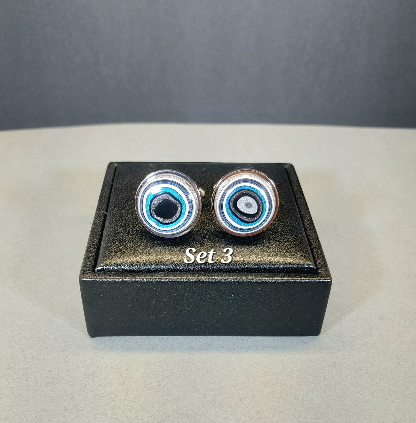 Fordite Cuff Links, Gunmetal Mirrored Stainless Steel, Colorful Cuff Links, Recycled Material, Wisconsin Artist