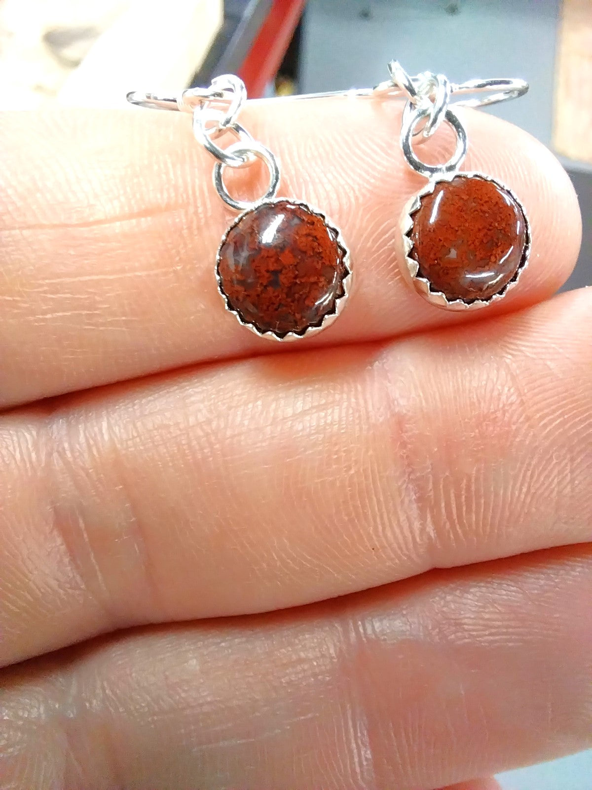 Red Lake Superior Moss Agate Silver Dangle Earrings