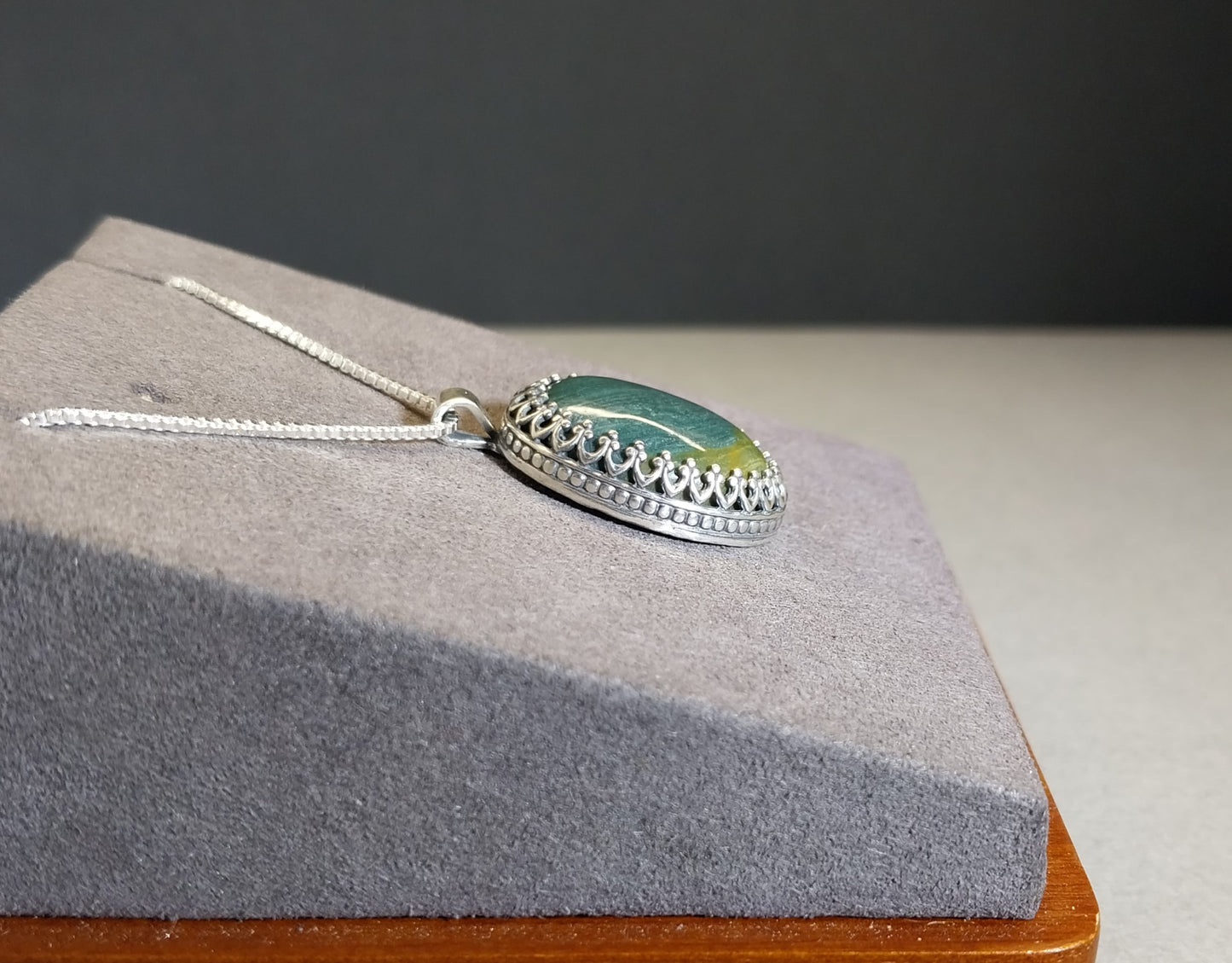 Petrified Wood Necklace, Solid Silver, Gary Green Petrified Bog Wood, Natural Stone, Oregon Gift