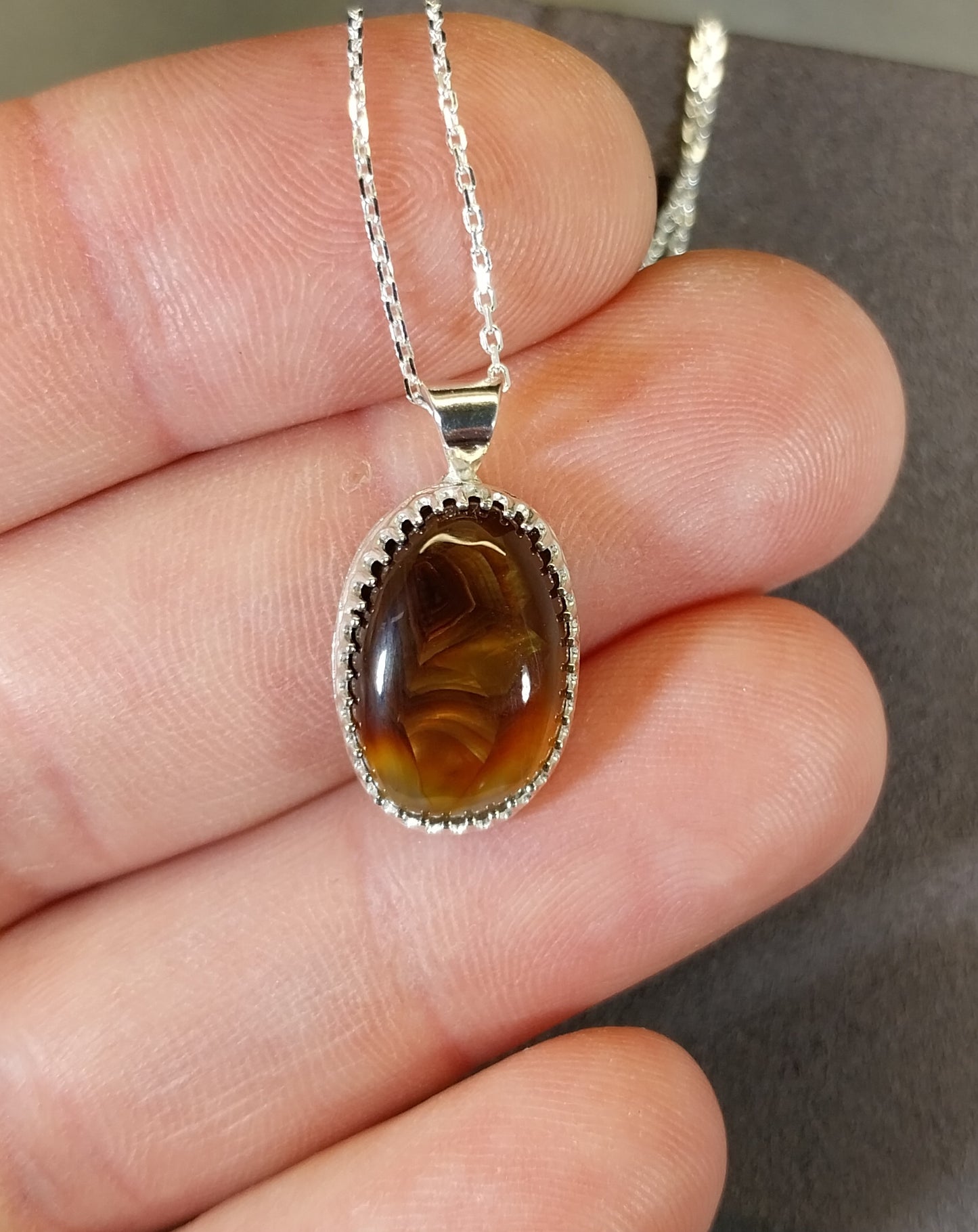 Fire Agate Necklace, Petite, Solid Sterling Silver 925