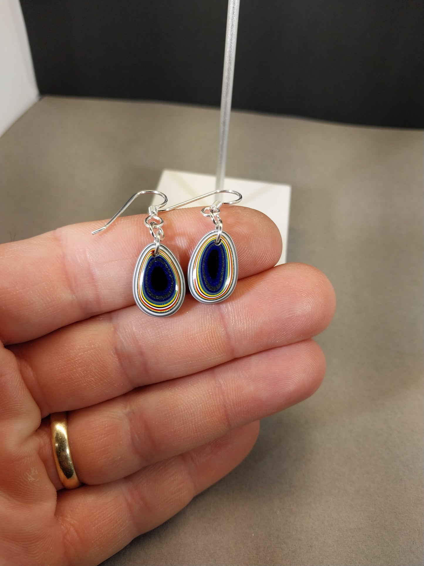 Fordite Earrings, Domed Teardrops with Sterling Silver Ear Wires ET300