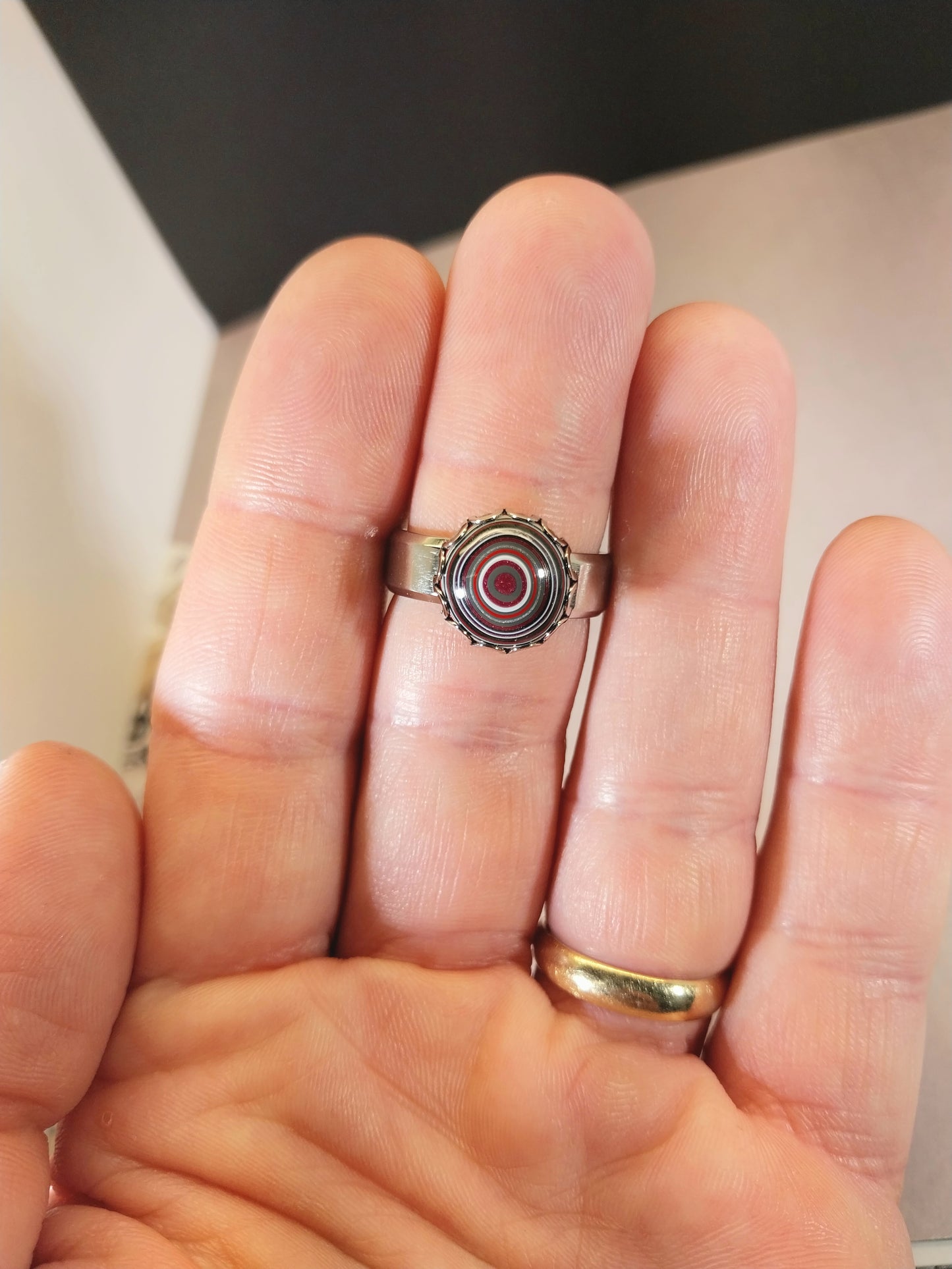 Pink Fordite Rings with Wide Comfort Bands in Stainless Steel ET52