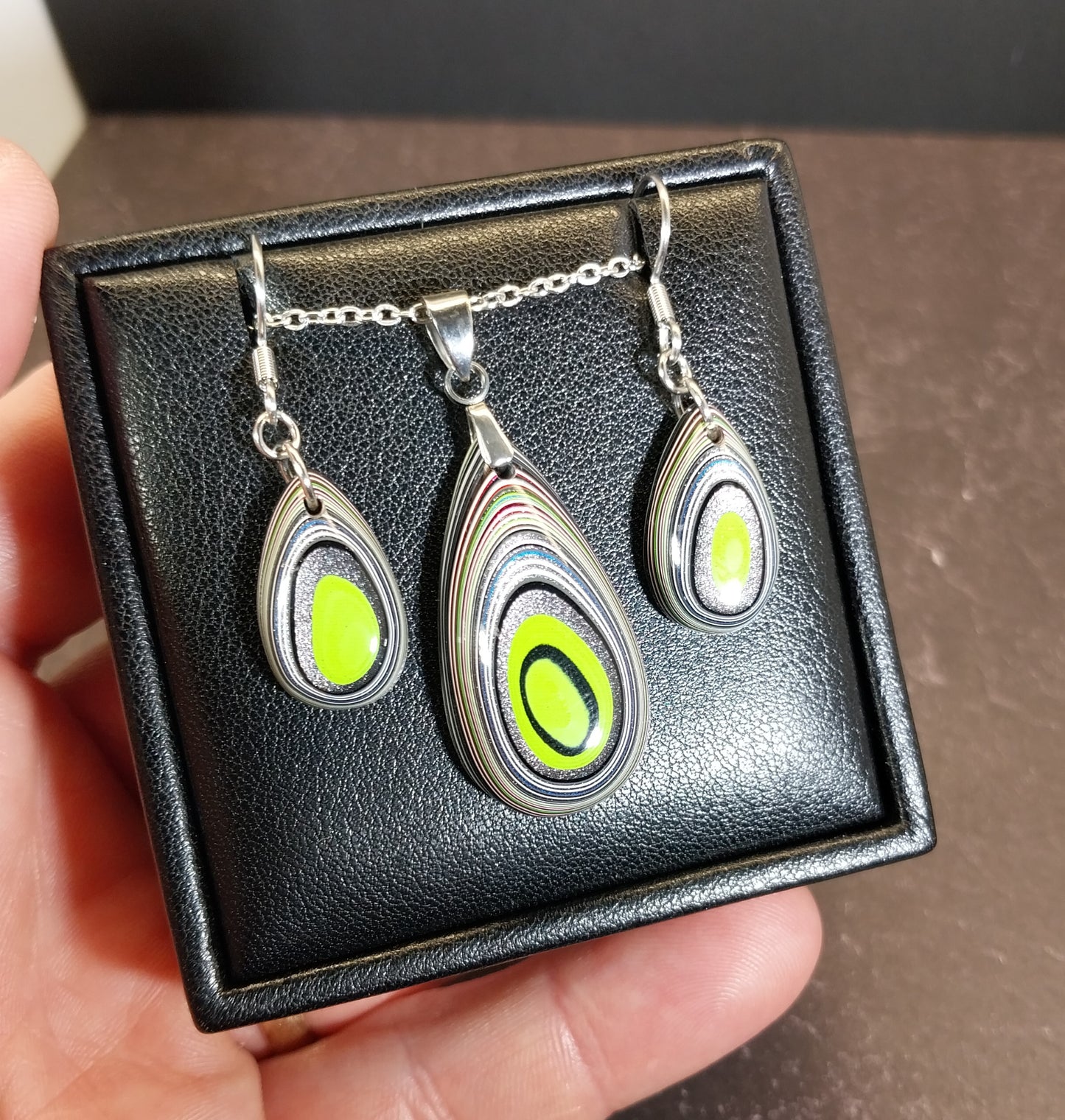 Fordite Set, Stainless Steel, Fordite Necklace and Earrings