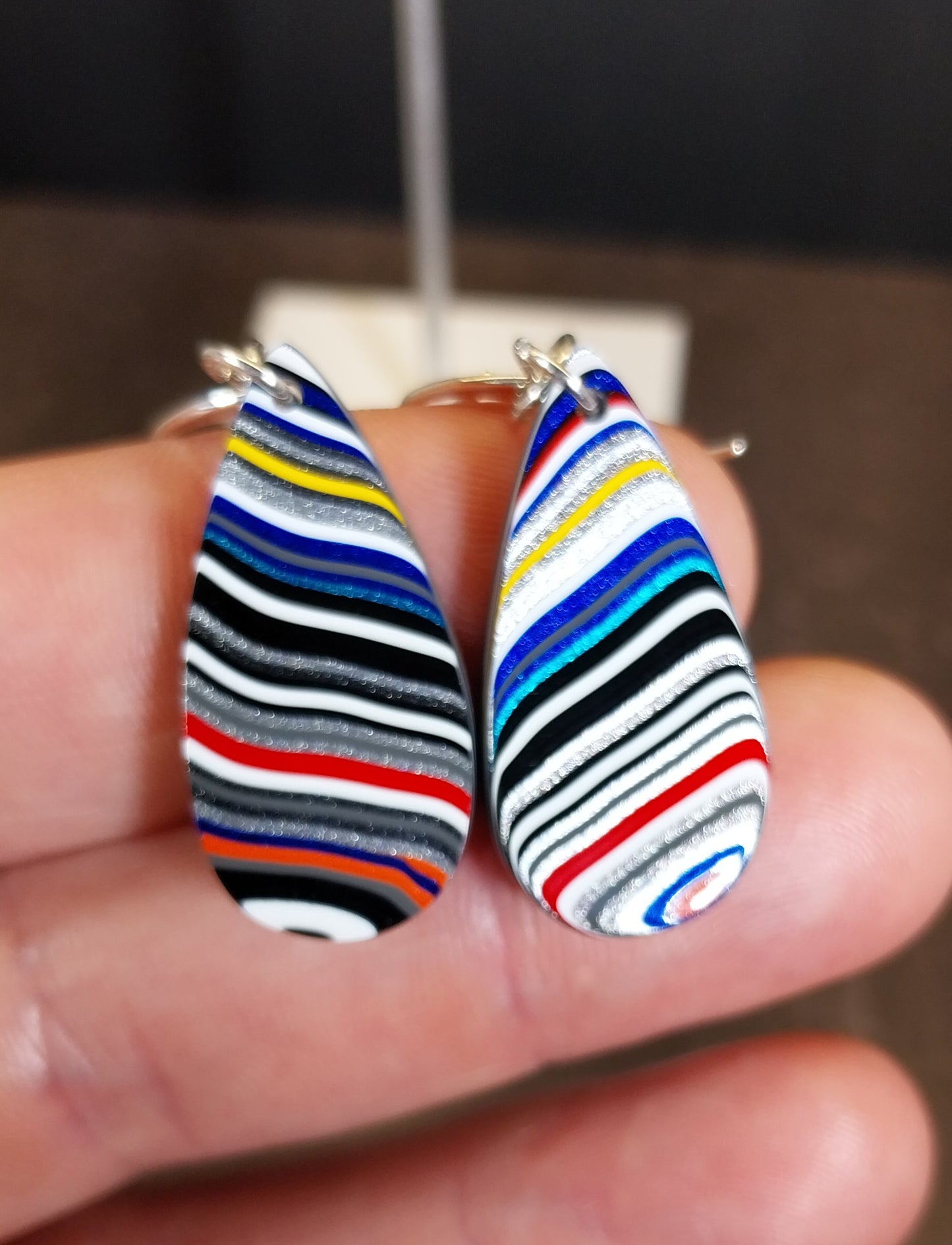Long Fordite Teardrop Earrings Bright Multicolored Layers