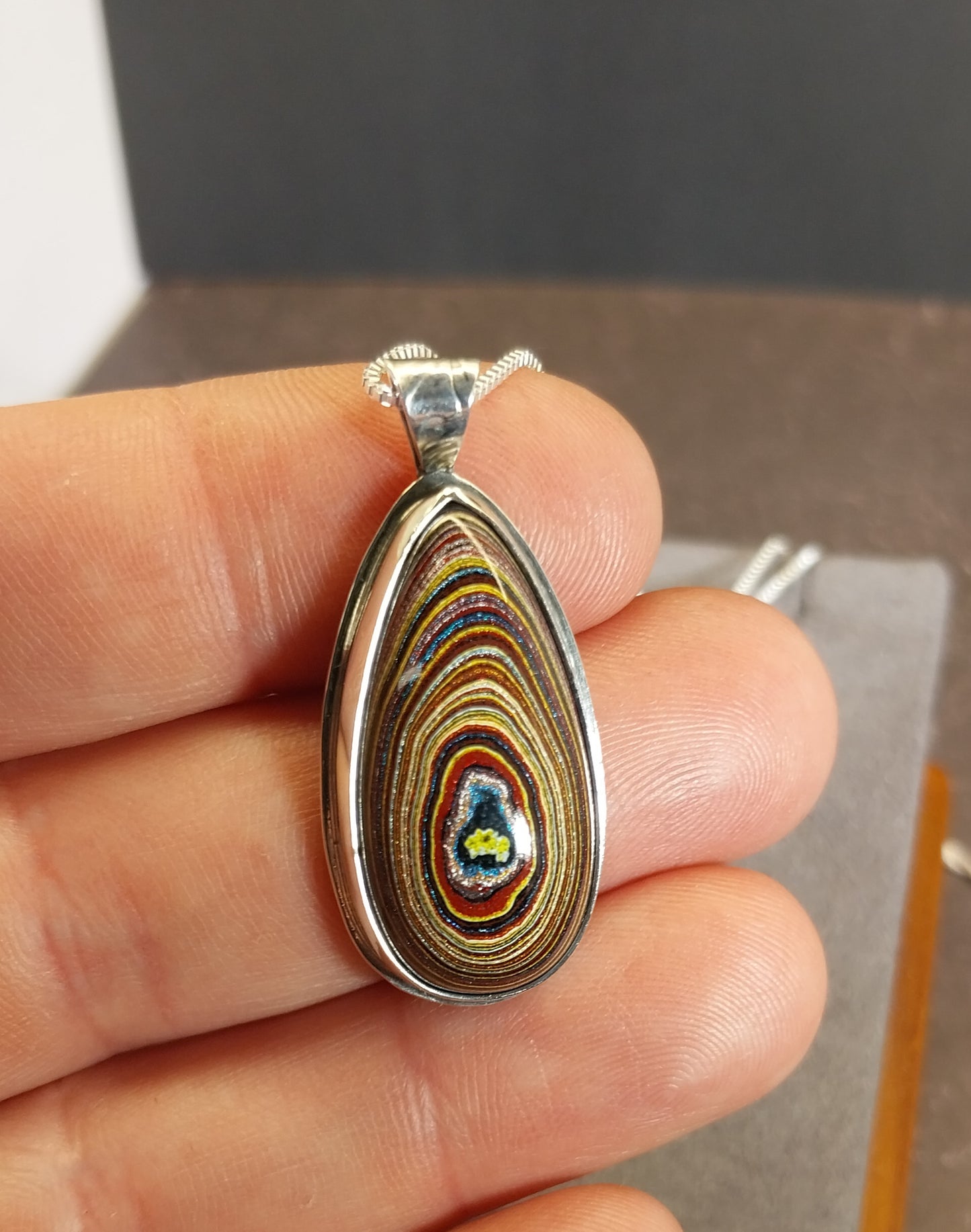 Corvetteite Fordite Pendant in Solid Sterling Silver, Larger Cut