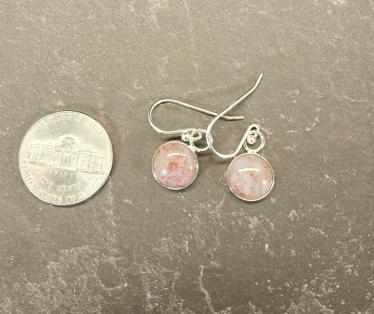 Pink and White Fossil Coral Agate Earrings in Solid Silver