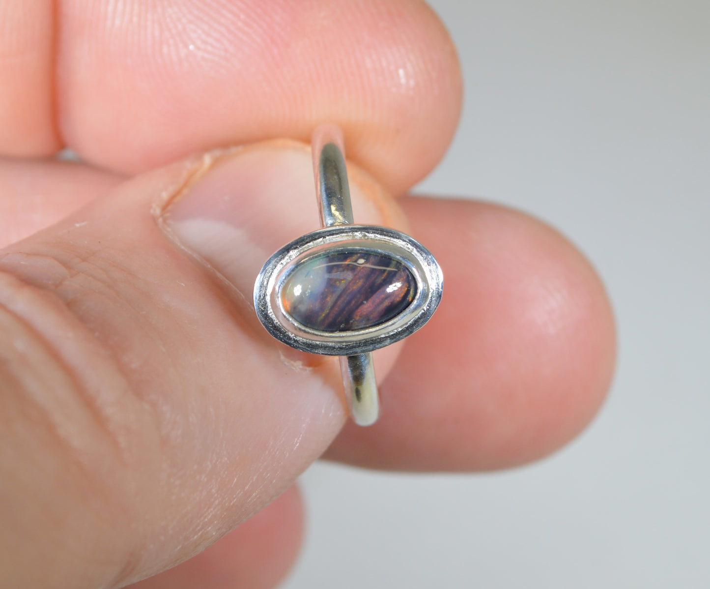 Australian Opal Ring, Size 7, Solid Silver, Black Opal Ring, Red and Green Color Play