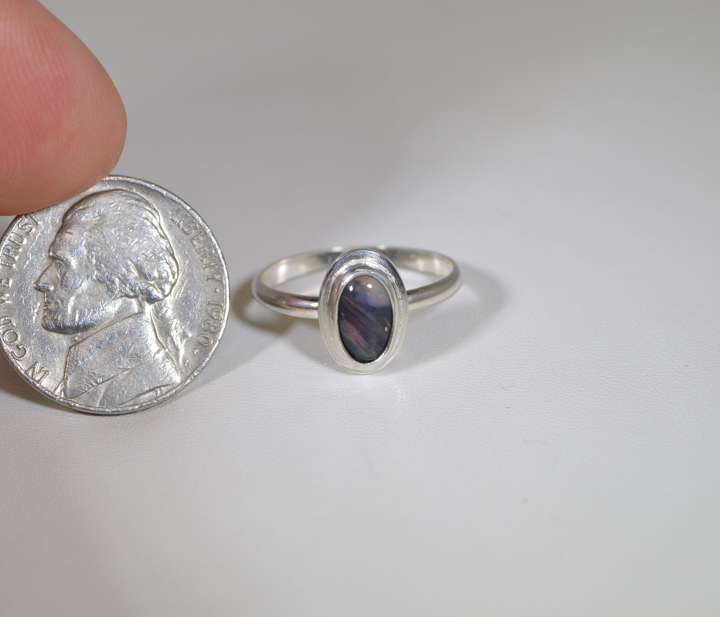 Australian Opal Ring, Size 7, Solid Silver, Black Opal Ring, Red and Green Color Play
