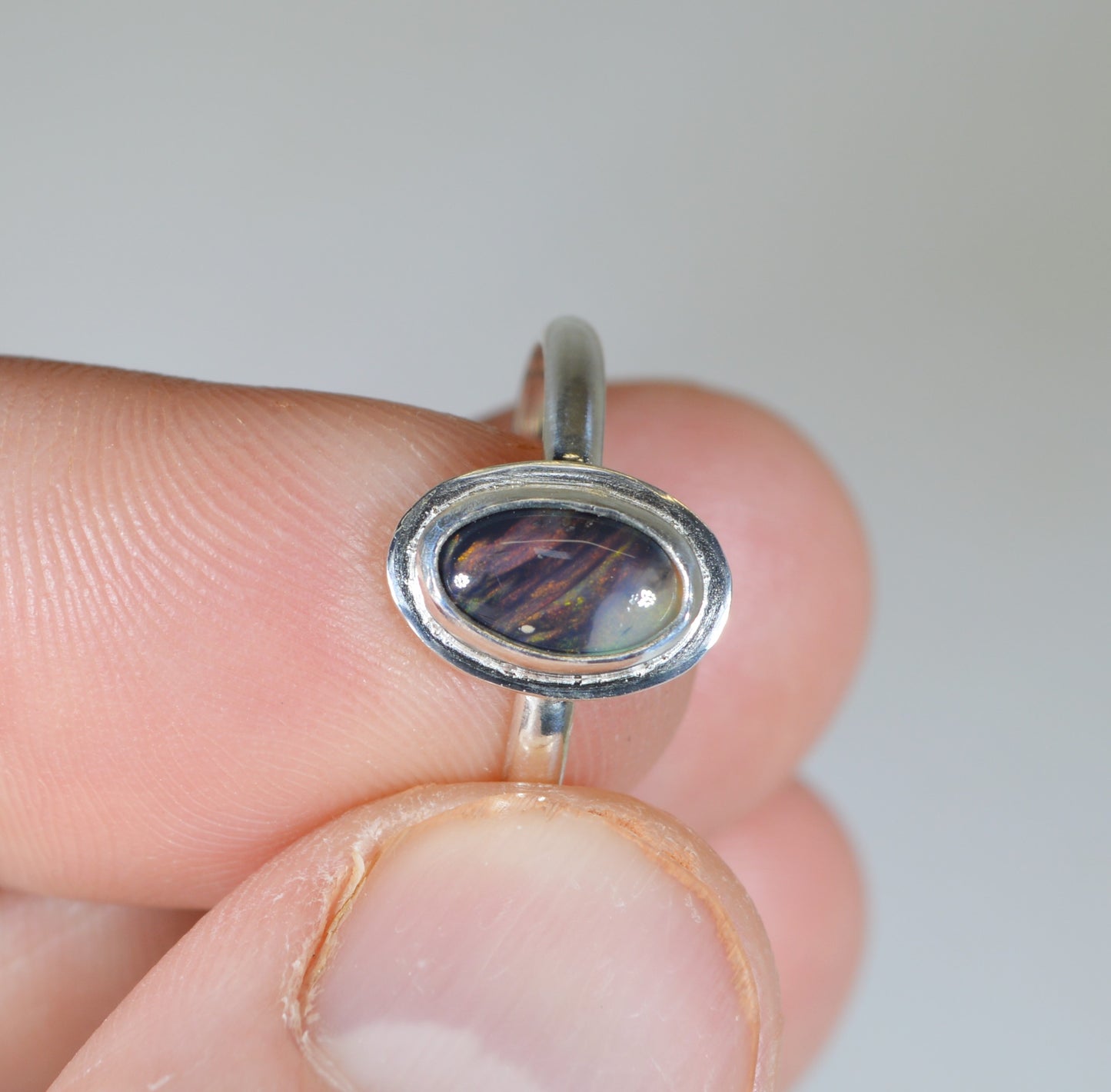 Australian Opal Ring, Size 7, Solid Silver, Black Opal Ring, Red and Green Color Play