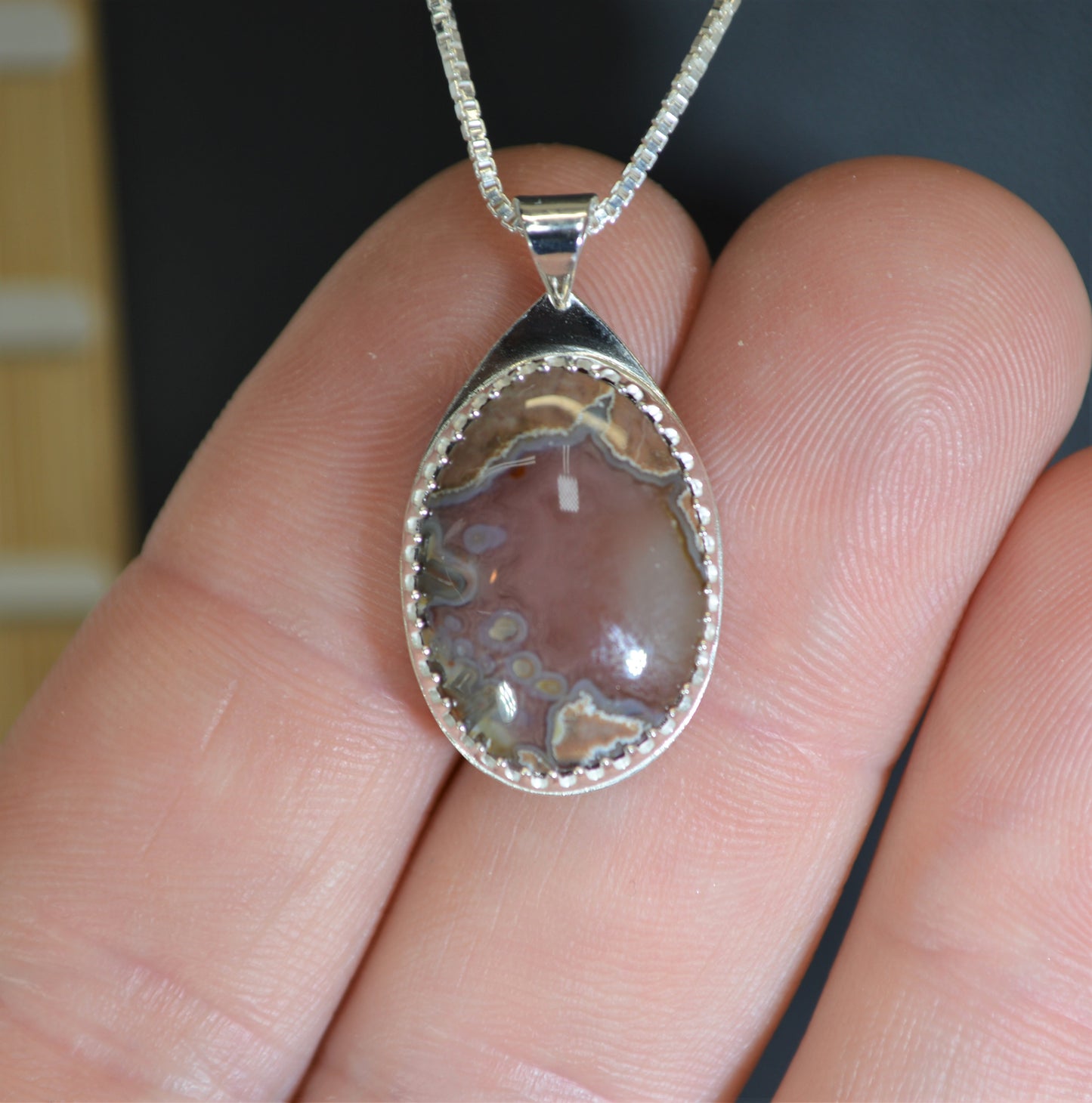 Agate Necklace, Silver Solid 925, Agate Silver Necklace, Baker Thunder Egg, New Mexico Agate Geode, Artisan Handmade Silver Agate Necklace