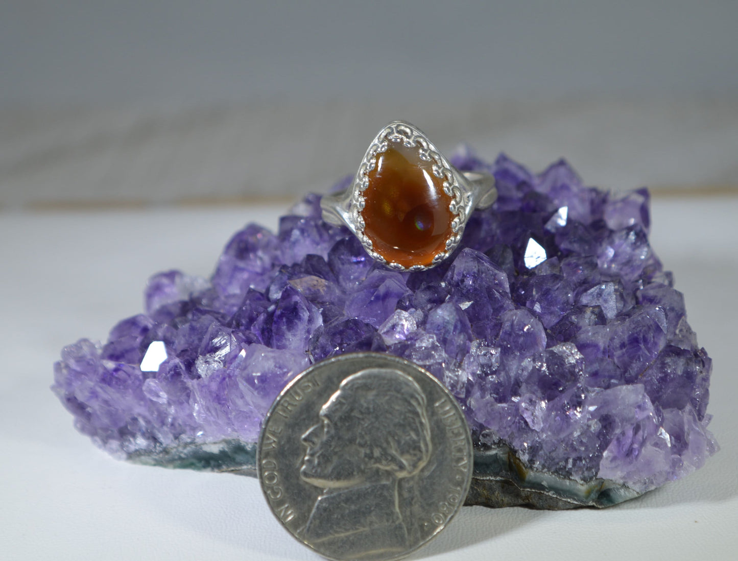Fire Agate Silver Ring, Size 6 Adjustable, Natural Stone, 925 Sterling Silver, W/O