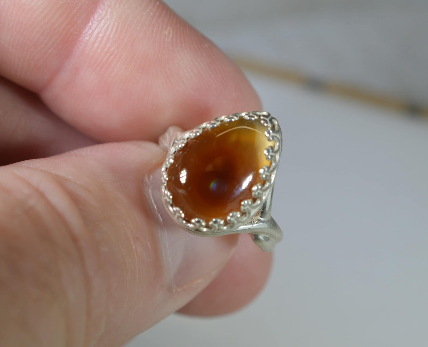 Fire Agate Silver Ring, Size 6 Adjustable, Natural Stone, 925 Sterling Silver, W/O