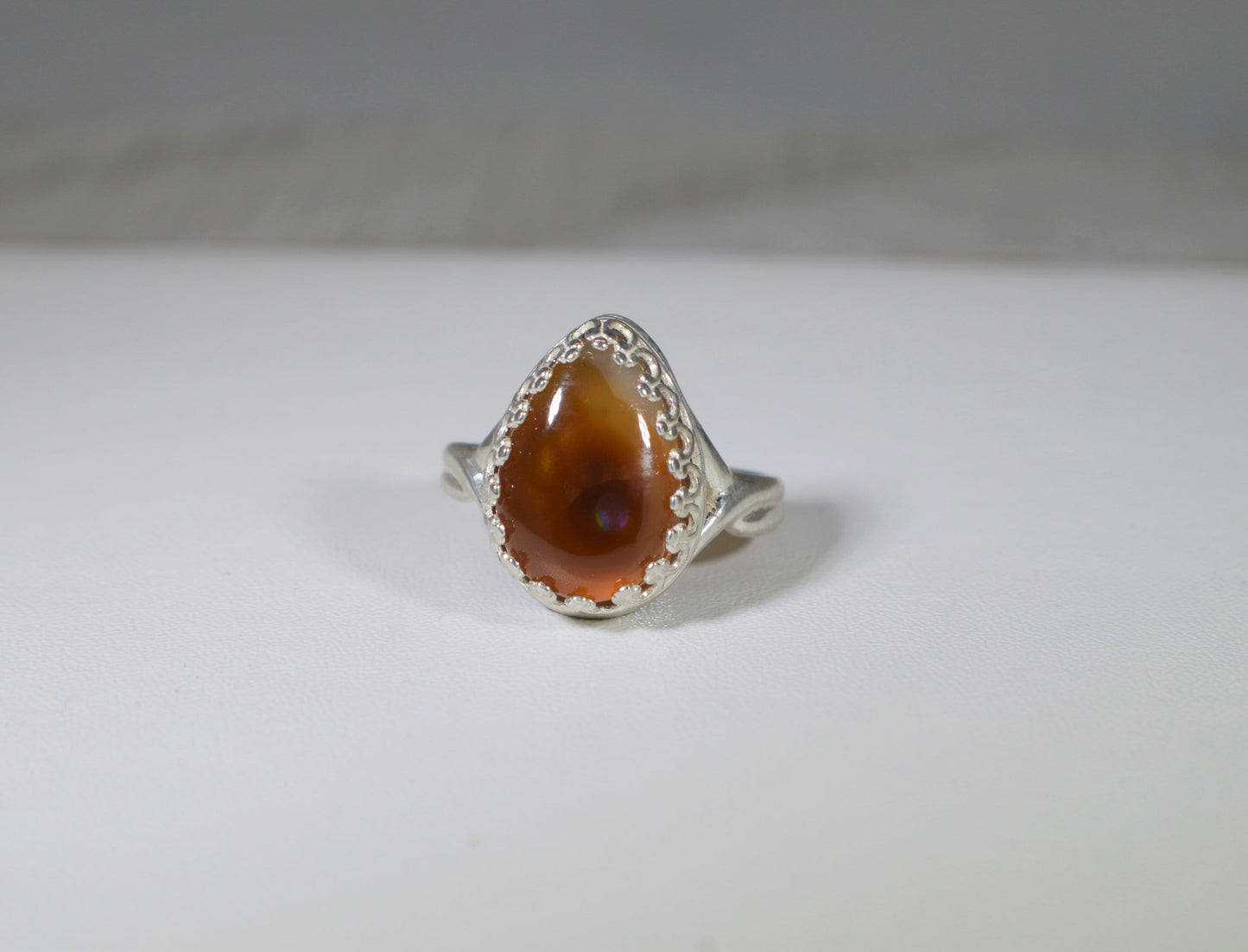 Fire Agate Silver Ring, Size 6 Adjustable, Natural Stone, 925 Sterling Silver, W/O