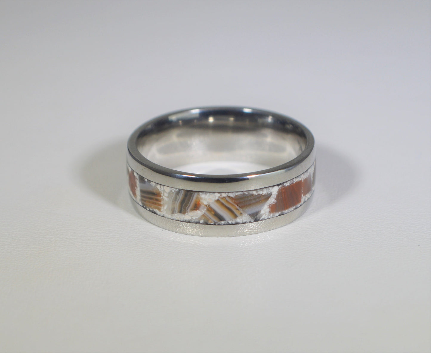 Lake Superior Agate Ring, Size 10 1/2, Stainless Steel Lake Superior Channel Ring, LSA Ring, WI Made, Mens Lake Superior Agate Ring W/O